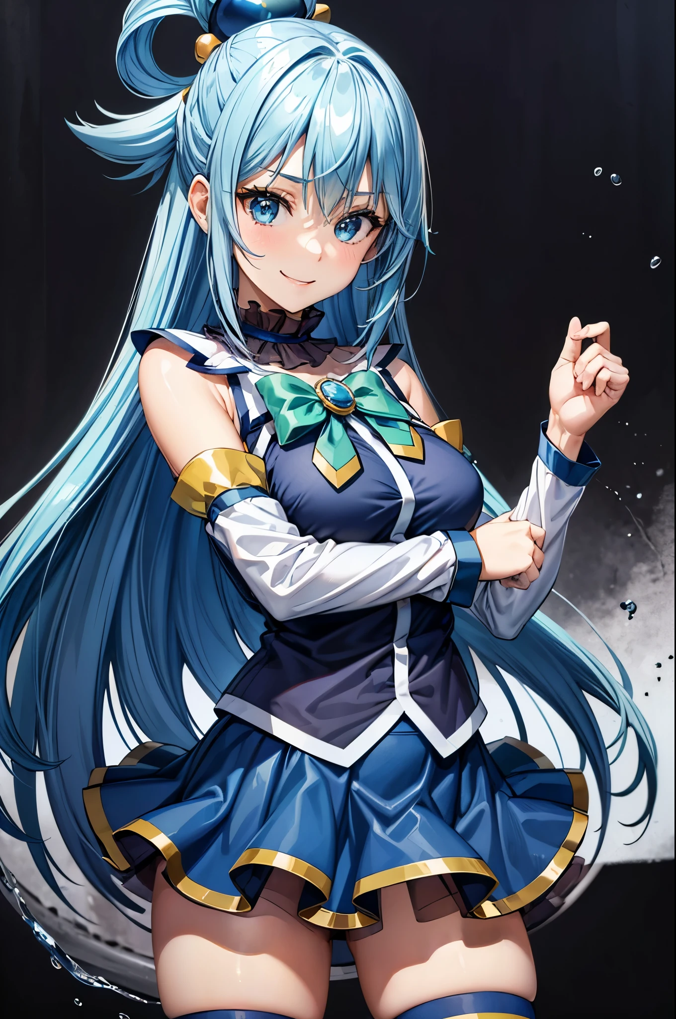 (masterpiece, best quality:1.2), expressive eyes, perfect face, highres, 1girl, solo, aaaqua, long hair, blue hair, hair rings, hair ornament, choker, bare shoulders, green bow, blue shirt, detached sleeves, blue skirt, thighhighs, happy smiling, water,  posing, standing, cowboy shot, looking at the viewer