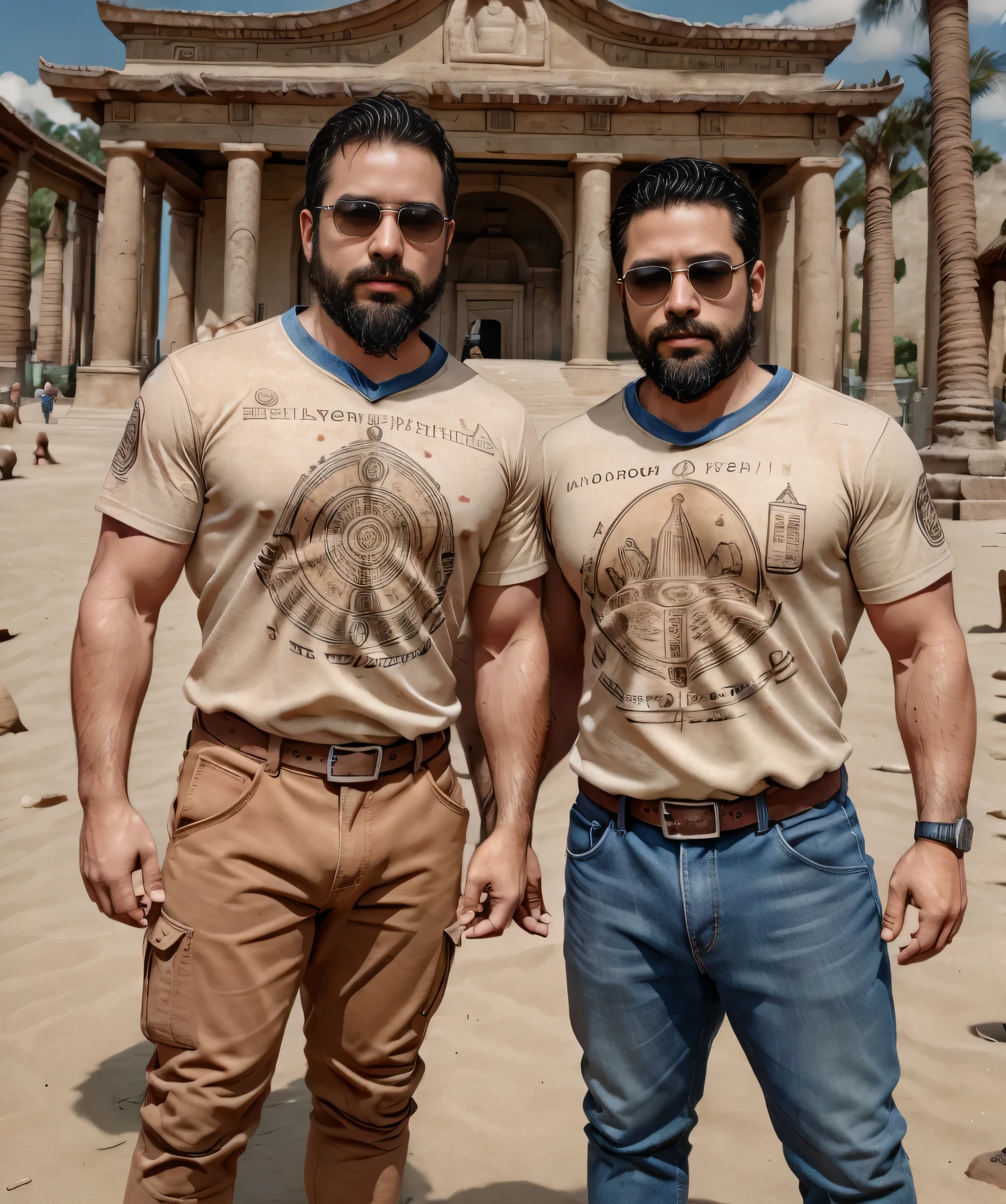 Obra maestra, desenfoque de campo, Parte superior del cuerpo, Hands in pants pockets , Two chubby 38 year old men with beards and square sunglasses. Men dressed in an archaeologist t-shirt in an action movie in Mexico with a temple in the background.
