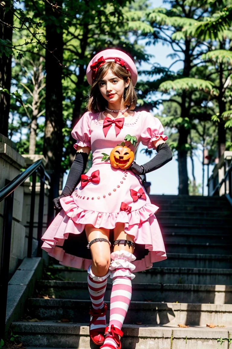 (masterpiece),(best quality), 16k CGI render ((photography)), photorealistic, lambdadelta, dress, shoes bow, red shoes, striped stockings, red bow, pink hat, pumpkin brooch, necklace, gloves, pearl, walking, smile, stairs, temple, mountain, forest, looking at the viewer, close up, pretty face, gorgeous, nice legs, 