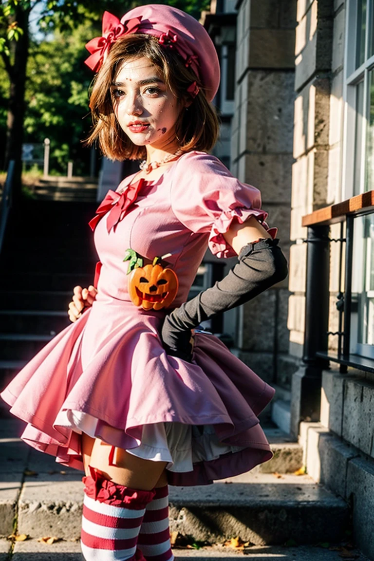 (masterpiece),(best quality), 16k CGI render ((photography)), photorealistic, lambdadelta, dress, shoes bow, red shoes, striped stockings, red bow, pink hat, pumpkin brooch, necklace, gloves, pearl, walking, smile, stairs, temple, mountain, forest, looking at the viewer, close up, pretty face, gorgeous, nice legs,