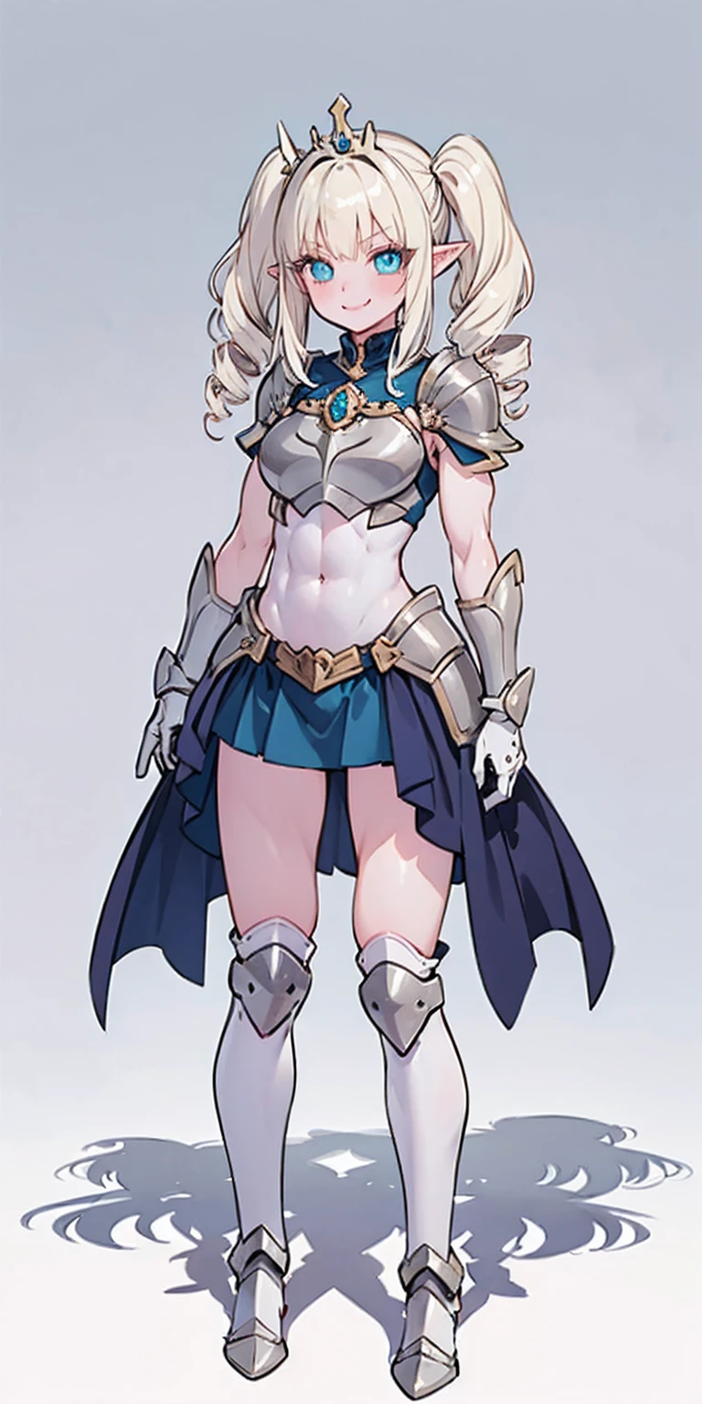 Masterpiece, (flat black background:1.2) solo, detailed face, intricate iris, thick lips, robot girl, (gold and white skin), realistic illustration of a (cyborg girl),(RED eyes),IvoryGoldAI,(freckles),(holding BREATHTAKING:1.2), (gold and white armor:1.2), (looking at viewer:1.2),parted lips, standing straight symmetrical, looking at viewer, lustful smirking smile face red blushed red cheeks, thick thighs, thighhighs, thigh, boots, armor, armored boots, full body armor, bikini armor, big breastplate, pauldron, bracers, leather black choker, tiger claws gloves, short bob white haircut, helmeted, metal shoulders, red long loincloth, longest blue cape reach to the waist, shackles and chains wristbands