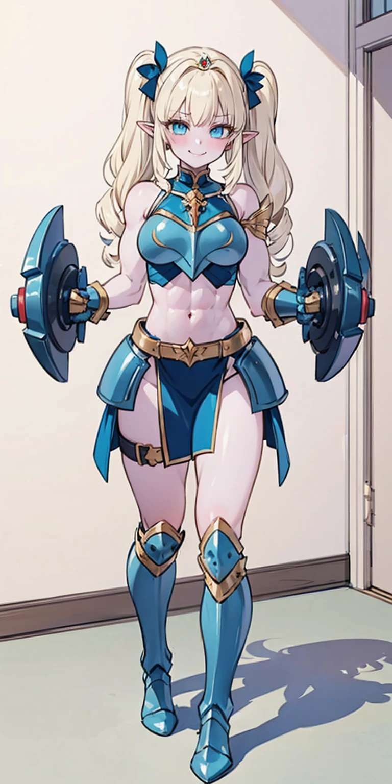 full body, (BLUE breastplate, BLUE skin BLUE skin:1.2), looking at viewer, shiny, armor, thigh highs, high boots, shoulder armor, faulds, poleyn, gloves, gauntlets, Rerebrace armored boots, pauldrons (masterpiece, best quality, ultra-detailed, best shadow) yordle (1girl) pointy ears muscular lean platinum blonde long twin-tails hairstyle at the office lustful smirking smile face red blushed, blush, strong abs, female body builder, tiara, twin drills hair