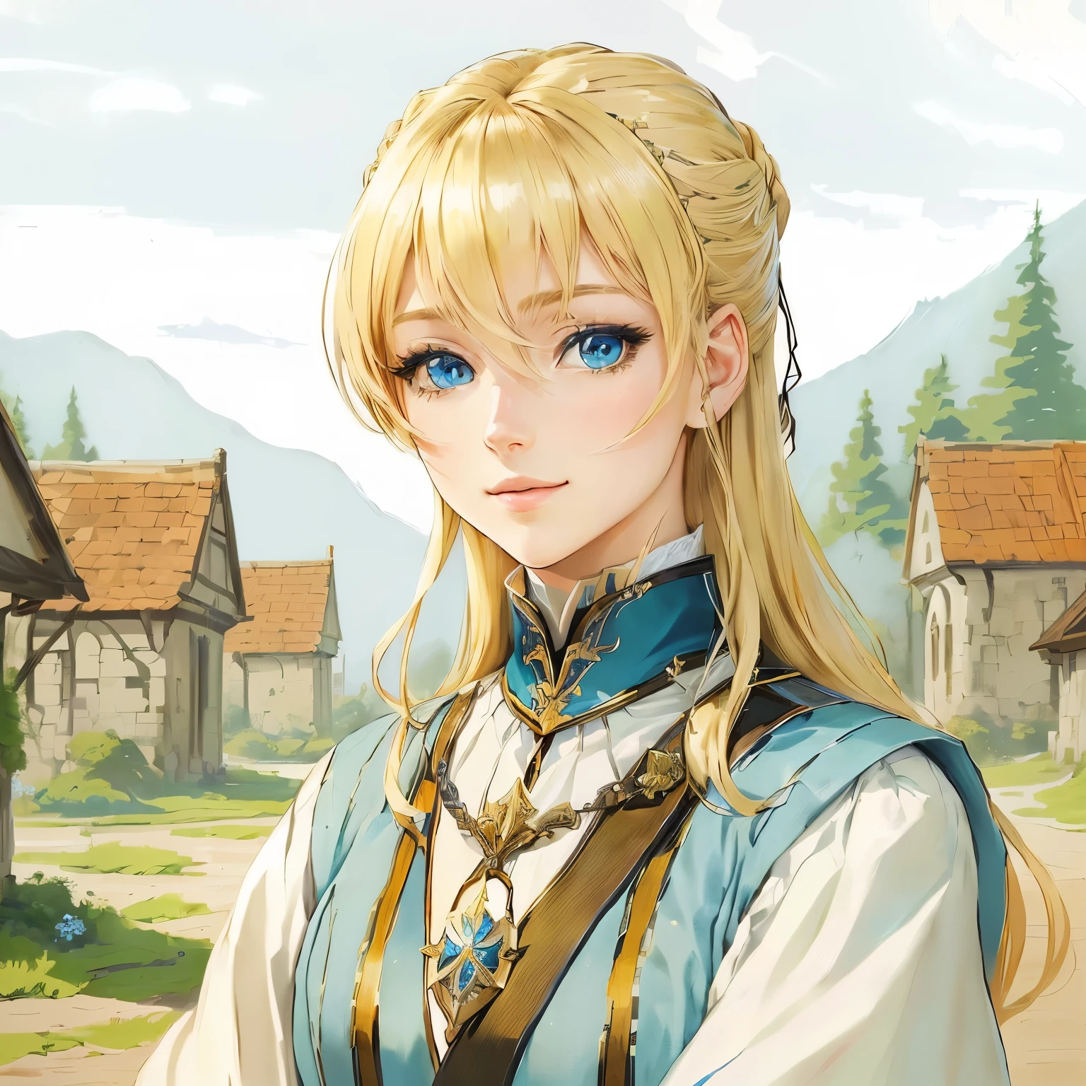 Anime-style image of a blonde, blue-eyed woman, Portrait of a girl in the Knights of the Zodiac, Vivid RPG Portraits, Beautiful female priest, portrait knight woman, April Rendering, Inspired by Valeria Dennes, portrait of female paladin, Inspired by Le Chevalier, Female protagonist 👀 :8, Artoria Pendragon, Detailed portraits、smile