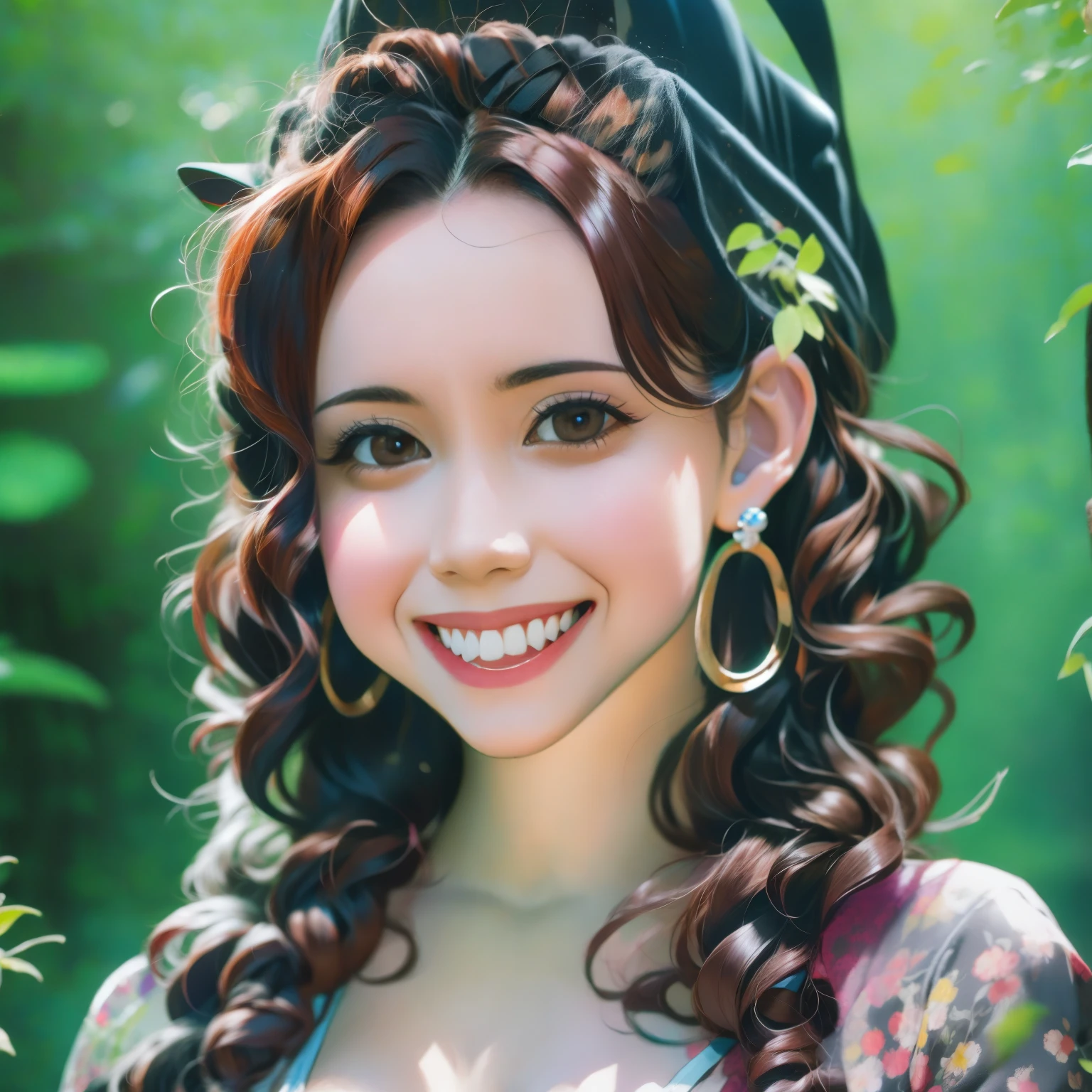 UHD,8K,Hyperrealism,light brown hair,happy tears,red eyes,crystal earrings,smile,cowboy shot,sony FE