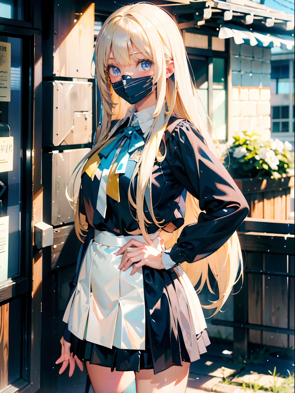 plein air、Swaying bangs、student clothes、a miniskirt、Glossy white beautiful skin、Sexy and very beautiful good looks、Beautiful and cute face、Super long platinum blonde hair、Shiny straight hair and treated smooth hair、Big blue eyes with radiant transparency、Beautiful ultimate cute beautiful girl、Uniforms