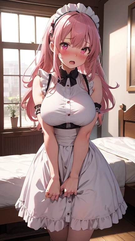 masterpiece, best quality, 1 garl, solo, large breasts, side ponytail, salmon pink hair, light blue eyes, maid, maid headdress, frill apron, in the castle, on bed,(missionary position:1.3), pov hand, 1 boy, penis, (sex:1.3), (lying on the bed:1.2), spread legs, interlocked fingers, (topless:0.7), bare nipples, pussy, pussy juice, saliva trail, trogao, female orgasm, orgasm face, moaning, sweat, breath, steam, (nsfw1.2)
