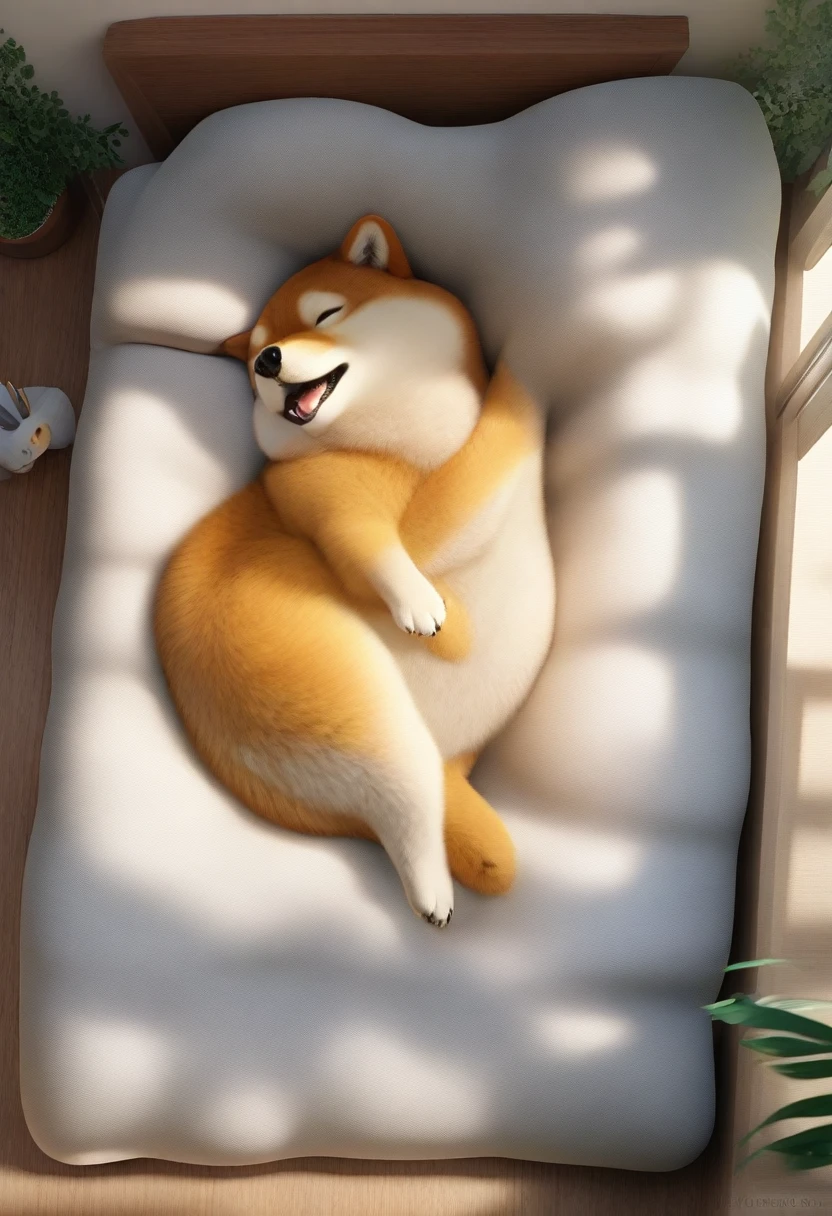 8k,wallpaper of extremely detailed CG unit, ​masterpiece,hight resolution,top-quality,top-quality real texture skin,hyper realisitic,increase the resolution,RAW photos,best qualtiy,highly detailed,the wallpaper,golden ratio, BREAK ,shiba dog is sleeping with his stomach shown rolled over,he is sleeping very happily,soft sunshine of the spring,at veranda,sleeping on the soft blanket,dynamic angle,(shiba dog:1.4)