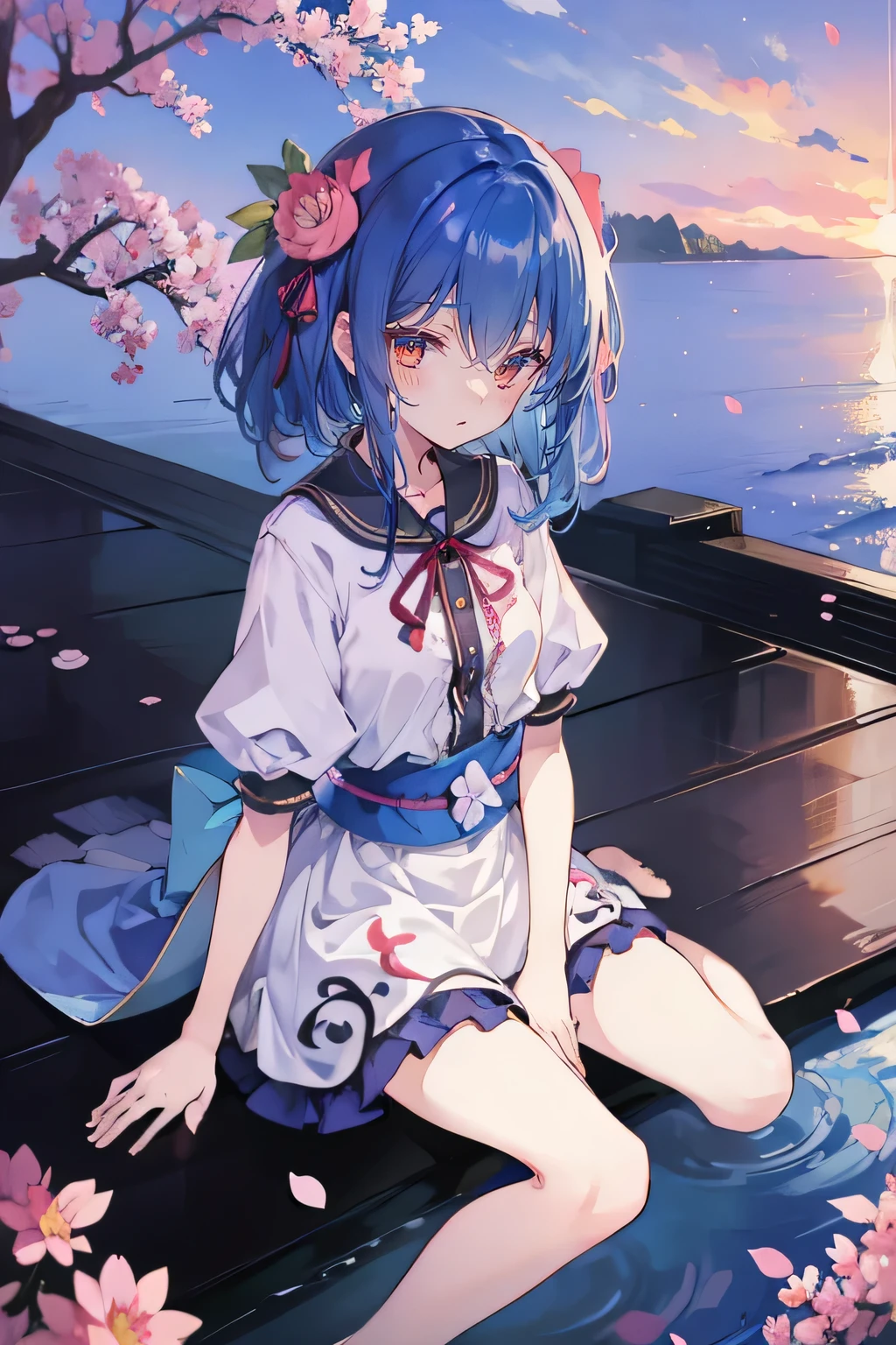 (best quality, masterpiece:1.2), expressive eyes, perfect face, 1 girl, hands on waist, beautiful, gorgeous, Japanese animation, Lola, Hinamori Angel, blue hair, floating clothes, waist grab, waist grab, hands on hips, sitting, sitting on the ground, legs on the ground, flat-chested, falling petals, sitting in a pavilion, pavilion,sunrise,Petals fall,