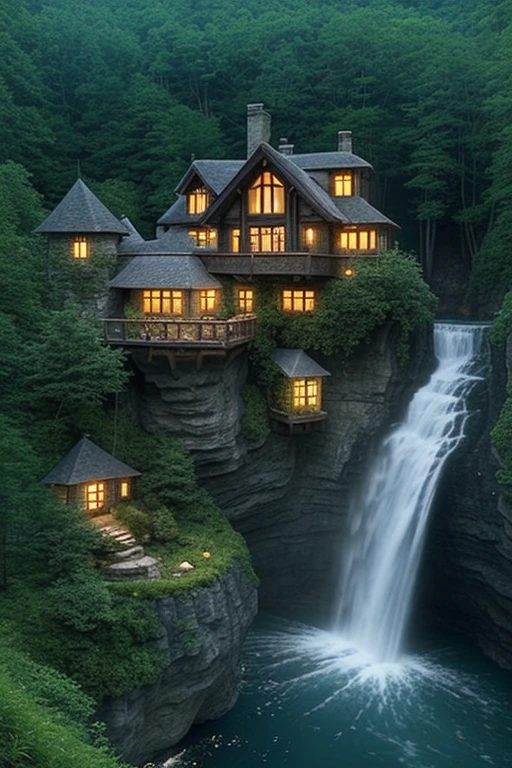 arafed house on a cliff overlooking a river with a waterfall, lake house, beatiful house, fantasy setting, beautiful place, build in a forest near of a lake, beautiful and mysterious, fantasy house, cozy place, setting in nature, fairy tale place, located in a castle, cottagecore!!, very close to real nature, idyllic cottage