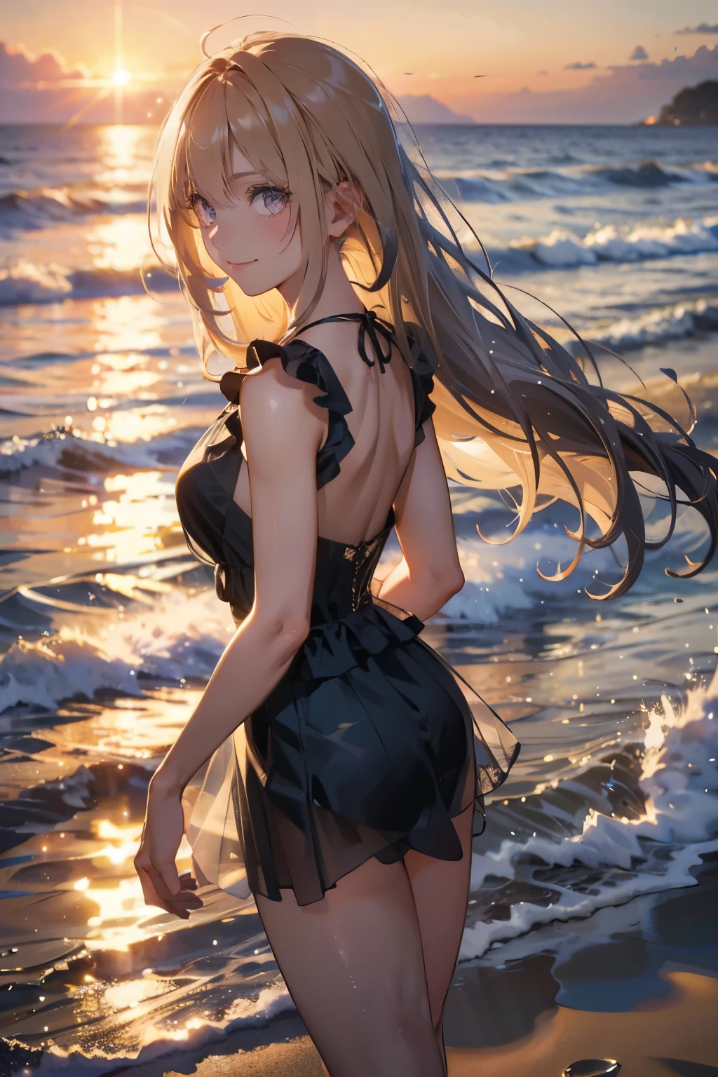1 girl, blonde hair, gray hair, long hair, bangs, sparkling eyes, long eyelashes, pupils shine, compensate, smile, Depth of bounds written, from below, silhouette, from behind, wide shot, f/1.4, 135mm, canon, nffsw, retina, Accurate, anatomically correct, rough skin, Super detailed, advanced details, high quality, 最high quality, High resolution, 8K, (Woman walking on the beach at sunset), Backlit silhouette, (see-through black dress), ((A silhouette of the body is visible through the light.)), (hair blowing in the wind), (Skirt soars in the wind)