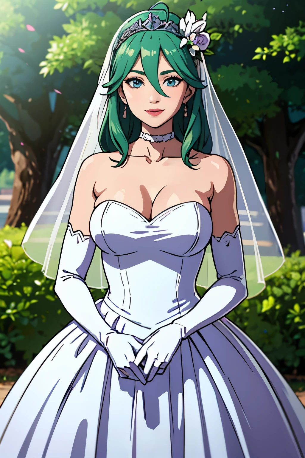 1girl, solo,Rhea fe, crown,earrings ,lipstick, eye shadow, makeup, hair between eyes, ahoge, hair ornament, gloves, dress, cleavage, bare shoulders, collarbone, white oprea gloves, white gloves, white dress, strapless, white choker, tiara, veil, strapless dress, wedding dress, bridal veil, beautiful woman, perfect body, perfect breasts, wearing a wedding dress, ball gown, in the park trees, wedding decorations, looking at the viewer,  smile, realism, masterpiece, textured skin, super detail, high detail, high quality, best quality, 1080p,