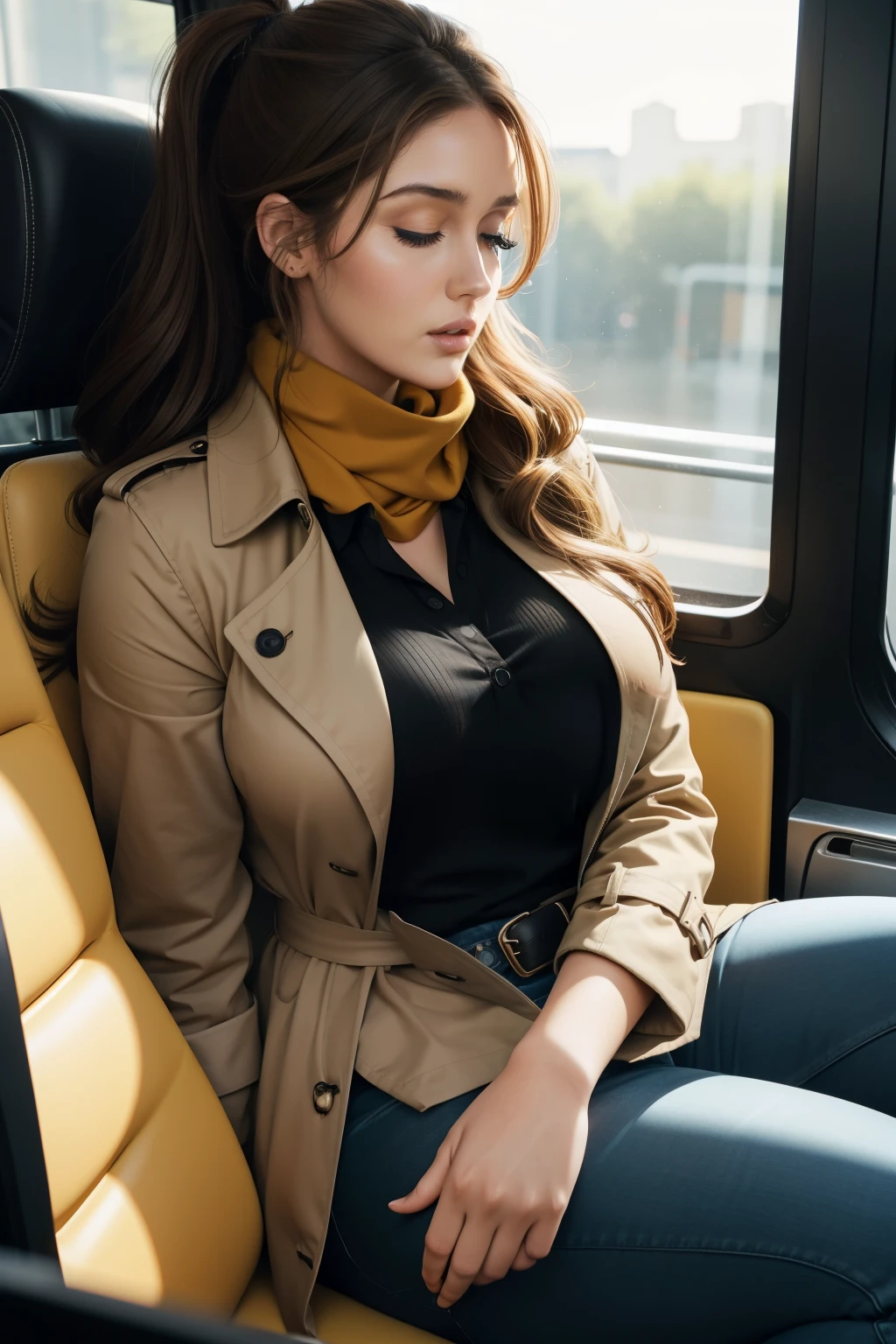 1 beautiful woman, large body, eyes closed, fair skin, wavy brown hair, ponytail, eyelids made up, eyelids outlined with makeup, black polo shirt with a large neckline, long light blue jeans, mustard trench coat, tall brown boots, scarf mustard, large black bag, asleep with her mouth open, asleep lying on the bus seat, nodding, Lucy Pinder, ((Adele)), face portrait, eyes closed