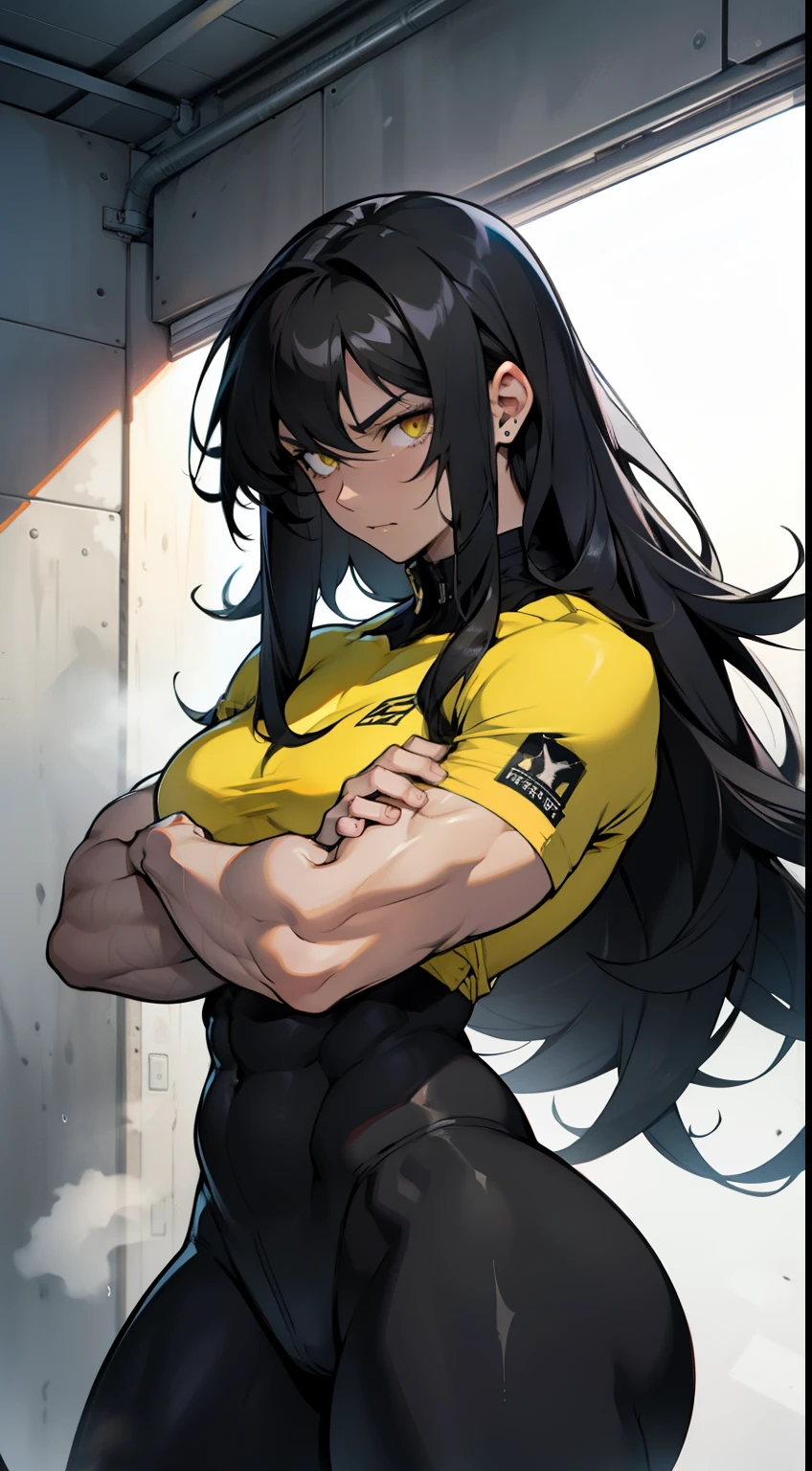 angry ((((1girl)))) (((bodybuilder))) pale skin black hair very long hair yellow eyes