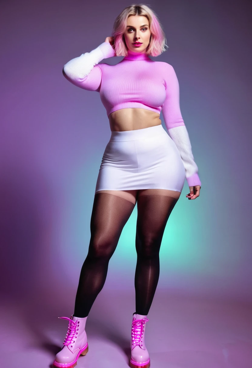 (full body photo:1.3), solo, (front view)1.2, (stylish bob haircut) (huge natural breasts)1.3, (futuristic, nightclub, neon light), (standing pose), (black tights and white wool socks)1.3, (pink tube-top) (purple tight mini skirt)1.2, (black tights and white wool socks)1.3 (Dr Martens boots)1.2, (wide hips, curvy, (thick thighs) (muscular legs))1.2, intricate detail, ((random ethnicity from Europe) amazing hot female 30yo woman)1.2 posh, (environmental portrait), perfect eyes, looking at viewer