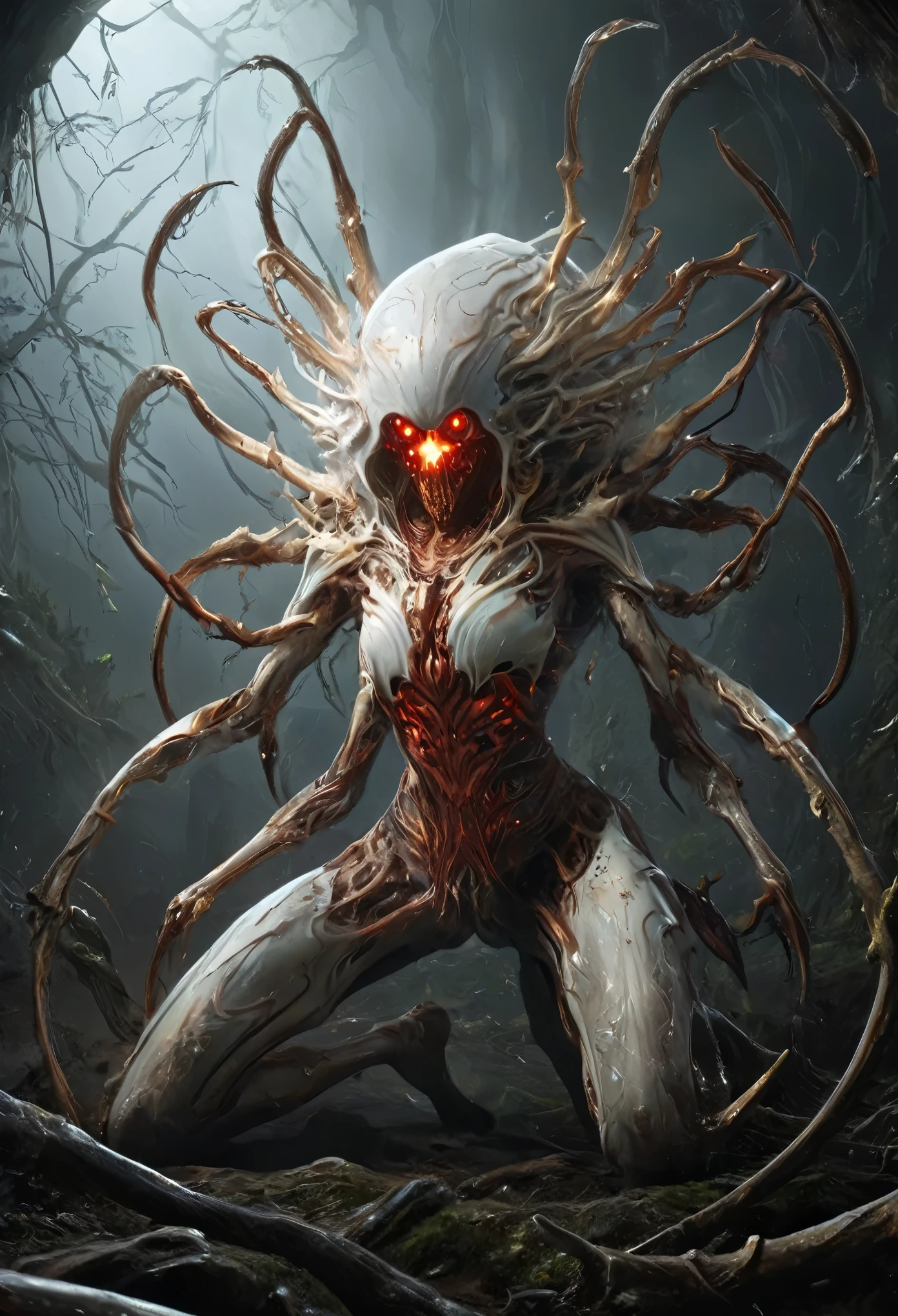 best quality,4k,8k,highres,masterpiece:1.2),ultra-detailed,realistic,photorealistic:1.37,this creature, a terrifying fusion of spider and human female with six arms, embodies a grotesque harmony of two distinct forms. Its upper body retains the unmistakable features of a woman, albeit distorted by the merging process. its eyes gleam with a sinister intelligence, more arachnid than human. (beautiful long hair, white skin:1.3), (red lipss)

From the torso sprout four additional limbs, elongated and jointed like a spider's, yet retaining a disturbingly human fleshiness. These arms are equipped with fingers that end in sharp, chitinous claws, capable of rending flesh with ease.

The lower body is a fusion of spider and human anatomy, with the abdomen stretching out behind like that of a monstrous arachnid. Jagged spines protrude from its exoskeleton, each one a reminder of its unnatural origins. The legs, a grotesque combination of human thighs and spider's hairy appendages, provide both agility and strength, enabling it to skitter across surfaces with alarming speed and grace.

In its presence, one cannot help but feel a primal fear, as if staring into the abyss where human and arachnid merge to create a nightmare incarnate.