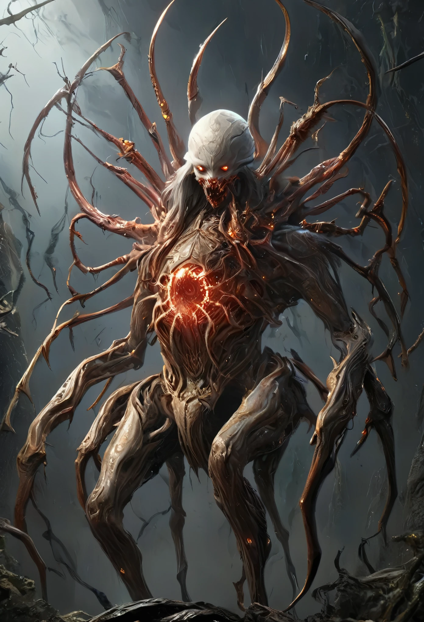 best quality,4k,8k,highres,masterpiece:1.2),ultra-detailed,realistic,photorealistic:1.37,this creature, a terrifying fusion of spider and human female with six arms, embodies a grotesque harmony of two distinct forms. Its upper body retains the unmistakable features of a woman, albeit distorted by the merging process. its eyes gleam with a sinister intelligence, more arachnid than human. (beautiful long hair, white skin:1.3), (red lipss)
From the torso sprout four additional limbs, elongated and jointed like a spider's, yet retaining a disturbingly human fleshiness. These arms are equipped with fingers that end in sharp, chitinous claws, capable of rending flesh with ease.
The lower body is a fusion of spider and human anatomy, with the abdomen stretching out behind like that of a monstrous arachnid. Jagged spines protrude from its exoskeleton, each one a reminder of its unnatural origins. The legs, a grotesque combination of human thighs and spider's hairy appendages, provide both agility and strength, enabling it to skitter across surfaces with alarming speed and grace.
In its presence, one cannot help but feel a primal fear, as if staring into the abyss where human and arachnid merge to create a nightmare incarnate.
