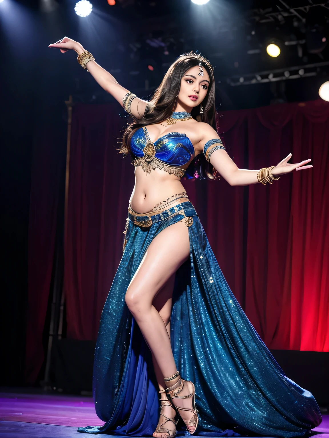 Best Quality, Masterpiece, High Resolution, 1girl, Aishwarya Rai, on the stage, belly dancer, big breast:1.3