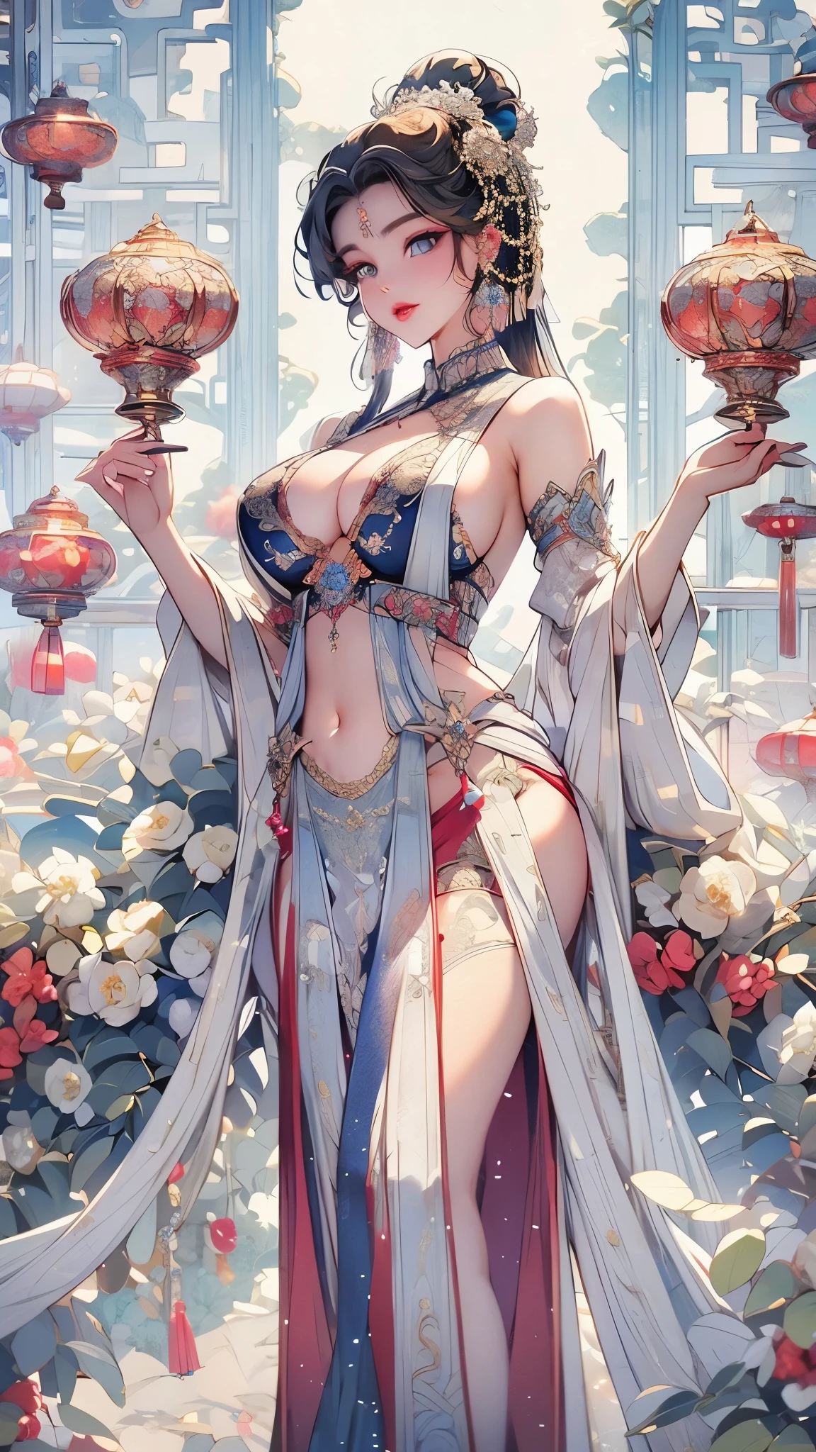 beautiful_detailed_eyes,perfect face,a girl,sideways,huge breasts,narrow_waist,sexually seductive,goddess,gorgeous and sexy costumes,photography,crystal and diamond decoration,china_dress,black stockings,white rose background,white hair,fair_skin,bare shoulders,curvy,navel,hair_ornament,fantasy,magic glow,