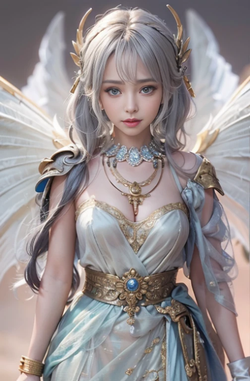 (masterpiece:1.3), (8k, Photorealistic, Raw photo, Best image quality: 1.4), Fair-skinned fairy woman、Long Haircut、Cleavage:2.0、Super detailed face、Attention to detail、double eyelid、Put your chest together、Sharp focus:1.2、Beautiful woman:1.4、Silvery white hair、highest quality、masterpiece、超A high resolution、(Photorealistic:1.8)、Highly detailed and professionally lit smile、Loose, light, Ancient Greek clothing、Shoulder out、thin、Serious expression、Short-haired、Deadly position, gorgeous necklace , one person、full body shot, Enormous wings from the latissimus dorsi、Above the Clouds