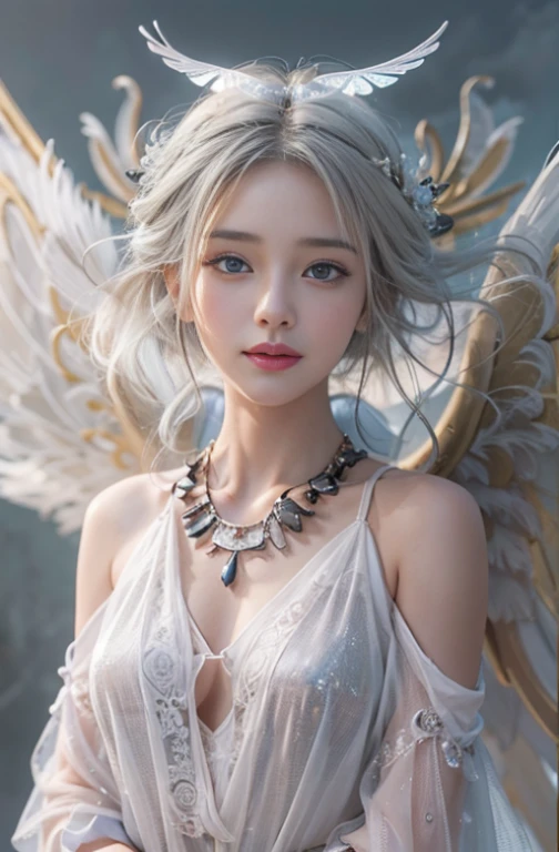 (masterpiece:1.3), (8k, Photorealistic, Raw photo, Best image quality: 1.4), Fair-skinned fairy woman、Long Haircut、Cleavage:2.0、Super detailed face、Attention to detail、double eyelid、Put your chest together、Sharp focus:1.2、Beautiful woman:1.4、Silvery white hair、highest quality、masterpiece、超A high resolution、(Photorealistic:1.8)、Highly detailed and professionally lit smile、Loose, light, Ancient Greek clothing、Shoulder out、thin、Serious expression、Short-haired、Deadly position, gorgeous necklace , one person、full body shot, Enormous wings from the latissimus dorsi、Above the Clouds