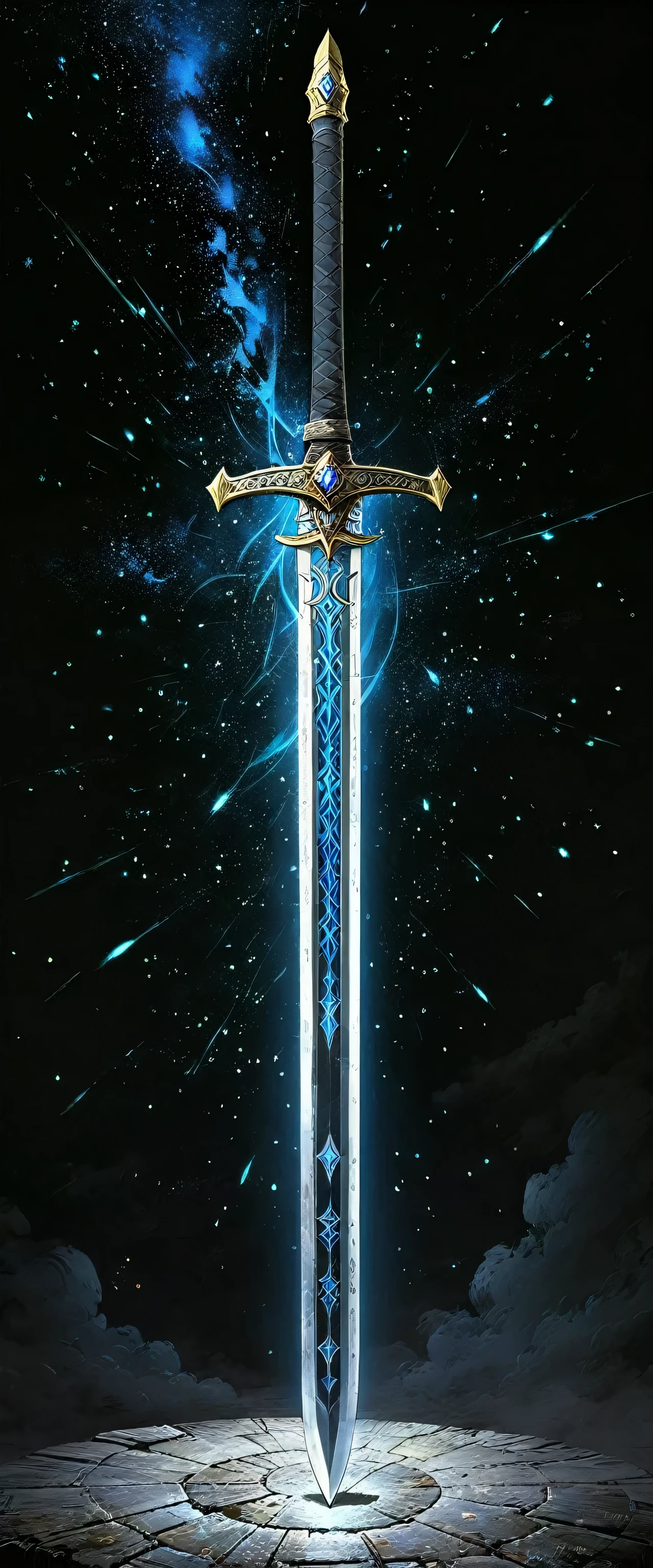 night,Starry Sky,traditional media,A sword,whole body:1.5,Iron greatsword,White smoke coming out of black background, Great writing,(black background),concept art, Draw a picture, magic, Painted by professional artist in the modern art style of Manuel Fernández García, masterpiece, Awarded for its beauty, Vibrant colors, Obvious pinch marks, 32k