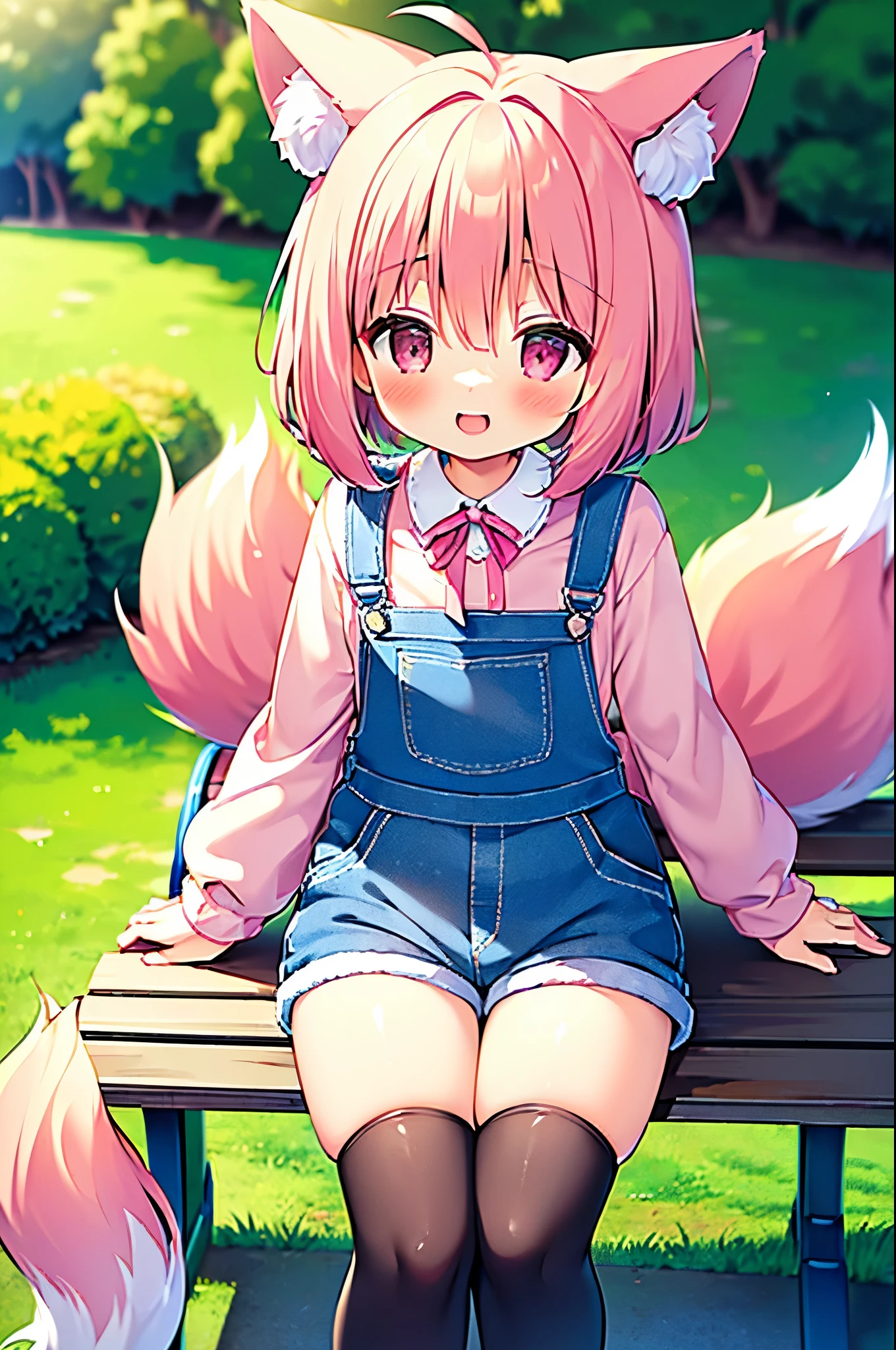 (((masterpiece))), (((最high quality))), (((high quality))), (((beautiful))), (((8k))), (((High resolution)) (((超High resolution))), (((High resolution))), (((Great illustrations))), (Pink Short Hair:1.3), (Pink fox tail:1.4), (Pink fox tail:1.2), Pink fox ears, (Pink Eyes), (Very small breasts:1.5), (Ultra-flat chest:1.4), (Cowboy Shot:1.3), (Cowboy Shot:1.4), (laughing:1.3), (Long sleeve:1.3), (frills and ribbons:1.5), (Overalls:1.4), (Park bench:1.4)