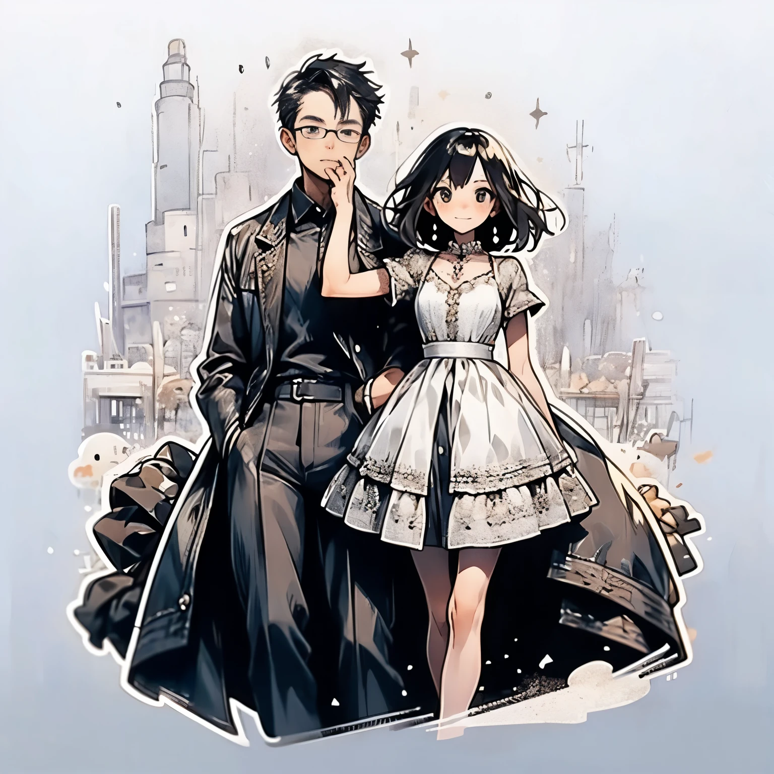 A highly detailed depiction of a man and woman walking hand in hand in a park。