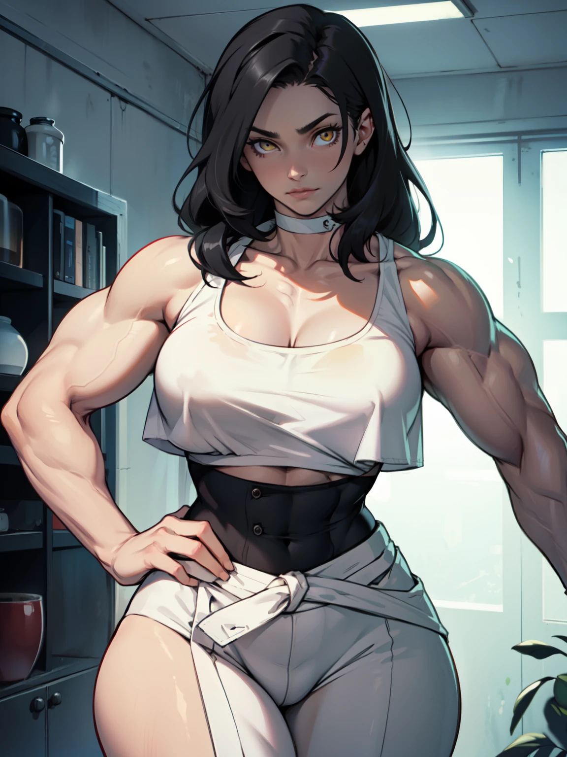 girl (((muscular girl thin waist ????????????? thick))) pale skin black hair yellow eyes darkatmosphere