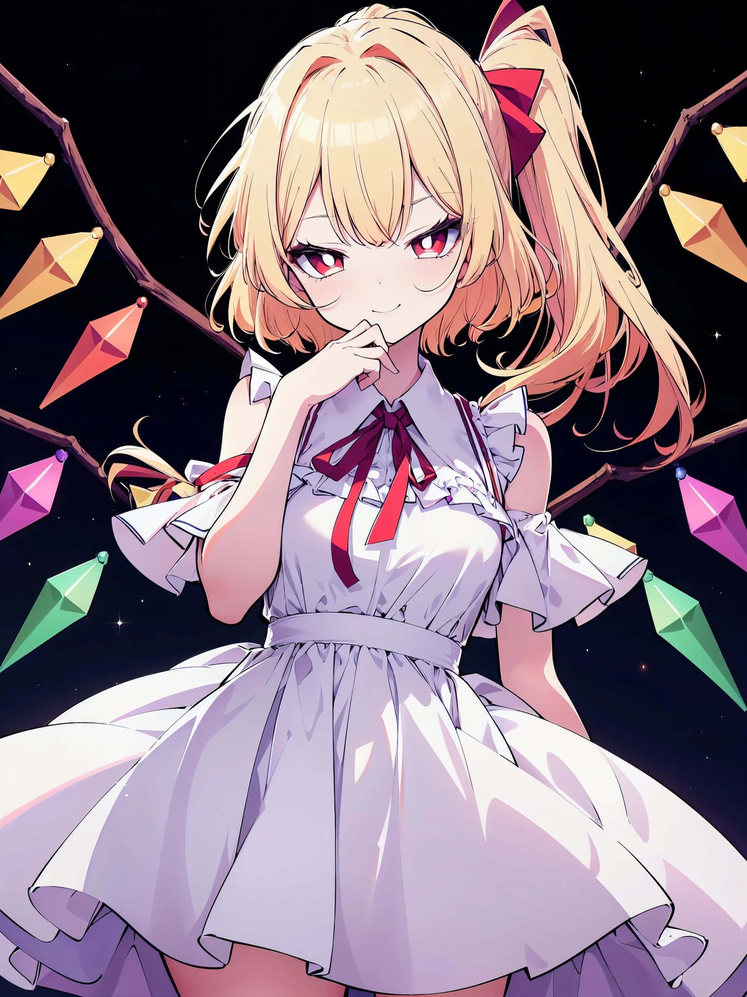 (cowboy shot), (colorful:1.1), vibrant color, (ultra-high resolution, depth of field:1.2), (Flandre scarlet:1.1), (1woman), (adult), in her 20s, Touhou project, (??????????????:1.1), (red eyes), white pupils, glowing eyes, (blonde hair), (forehead), ponytail, (bangs), red ribbon, (intricate white sundress), (wearing white a sundress:1.2), frills, off shoulders, seductive smile, (grinning), squinting eyes, head slightly tilting to the side, garden scenery, night