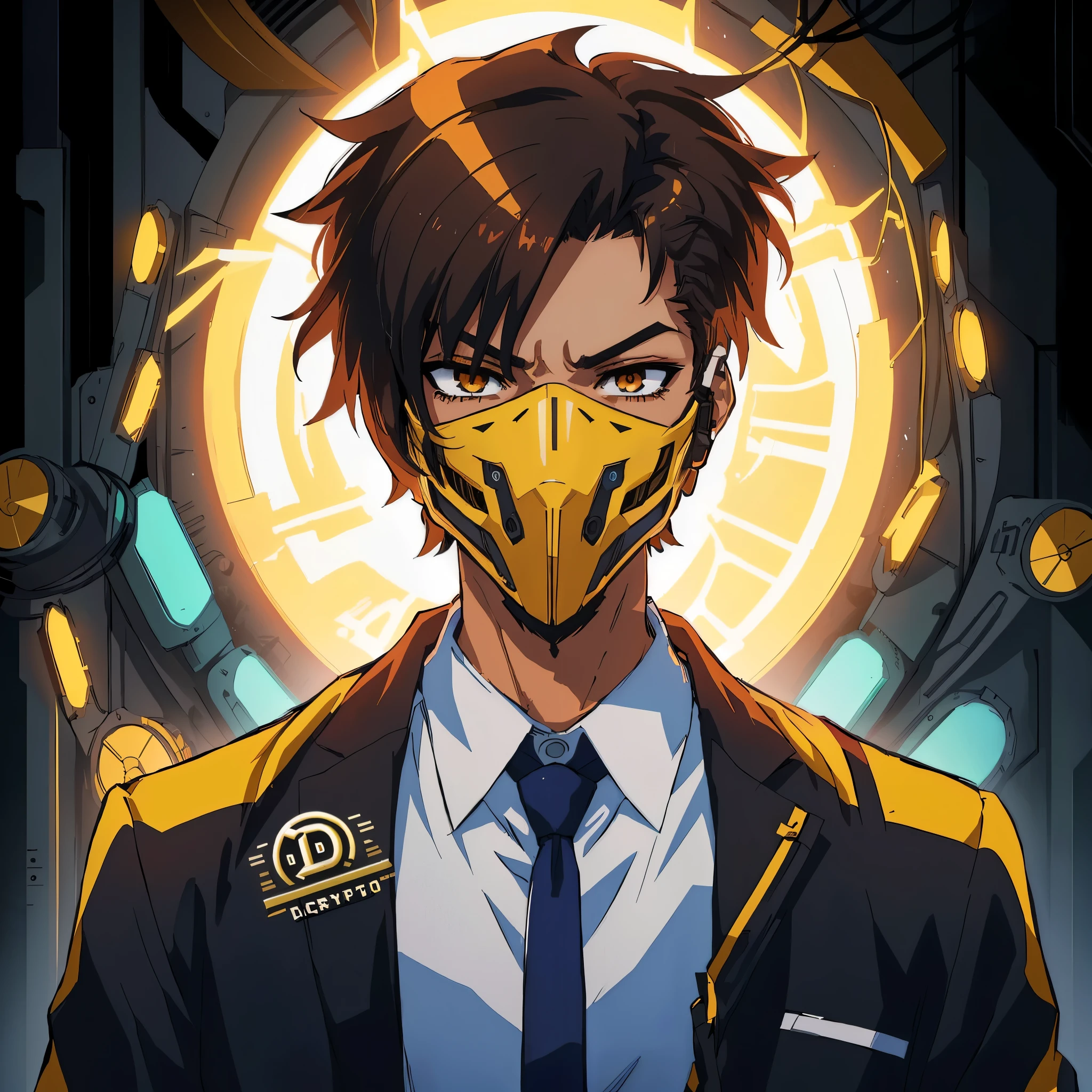 Indian, brown skin, yellow v for vendetta mask, anime character with yellow mask and tie in front of a clock, badass anime 8 k, digital cyberpunk anime art, anime style 4 k, modern cyberpunk anime, epic anime style, best anime 4k konachan wallpaper, high quality anime artstyle, anime cyberpunk art, anime style character, cyberpunk anime art, trigger anime artstyle, digital cyberpunk - anime art
