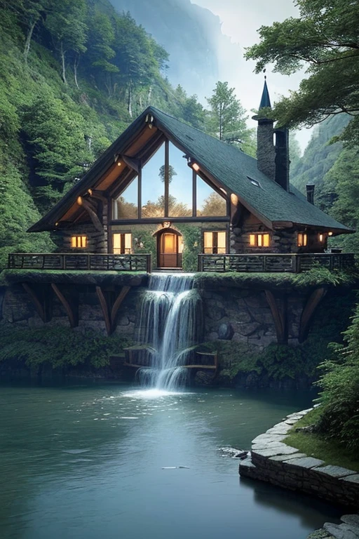 arafed house on a cliff overlooking a river with a waterfall, lake house, beatiful house, fantasy setting, beautiful place, build in a forest near of a lake, beautiful and mysterious, fantasy house, cozy place, setting in nature, fairy tale place, located in a castle, cottagecore!!, very close to real nature, idyllic cottage