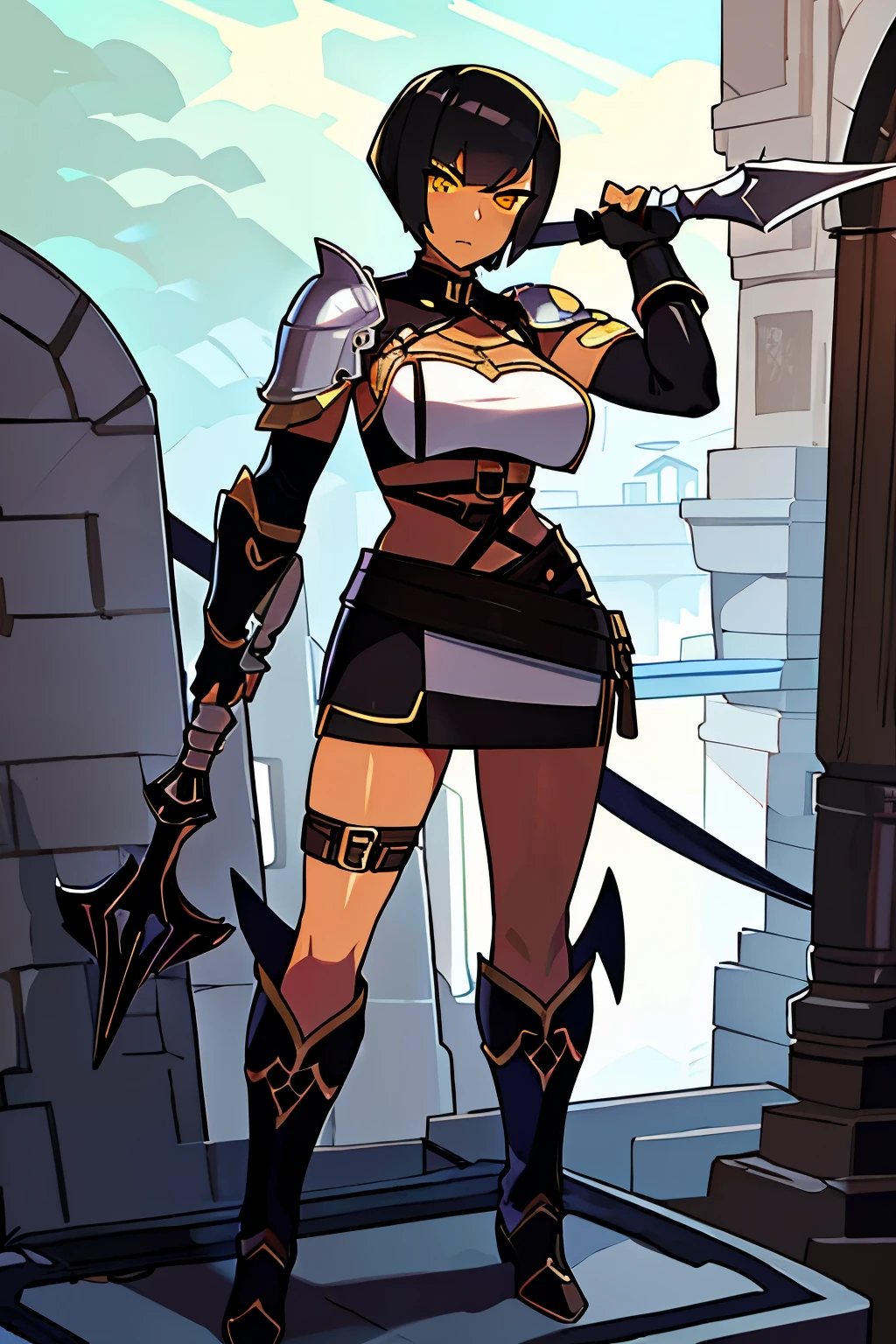 Tall, lightly muscular, woman, buzz haircut, gladiator, light leather body armor, black hard leather skirt, holding trident spear, black skin, dark skin, black, yellow cat eyes