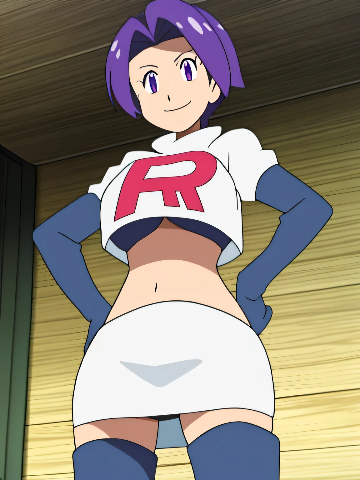 kloe rinz,very large ,8k, masterpiece,highres,very large , team rocket uniform, red letter r, white skirt,white crop top,black thigh-high boots, black elbow gloves, seductive smile, looking down at viewer, hands on , cowboy shot, zettai ryouiki,from below, black panties,anime style, vivid colors, sharp focus, intense lighting,