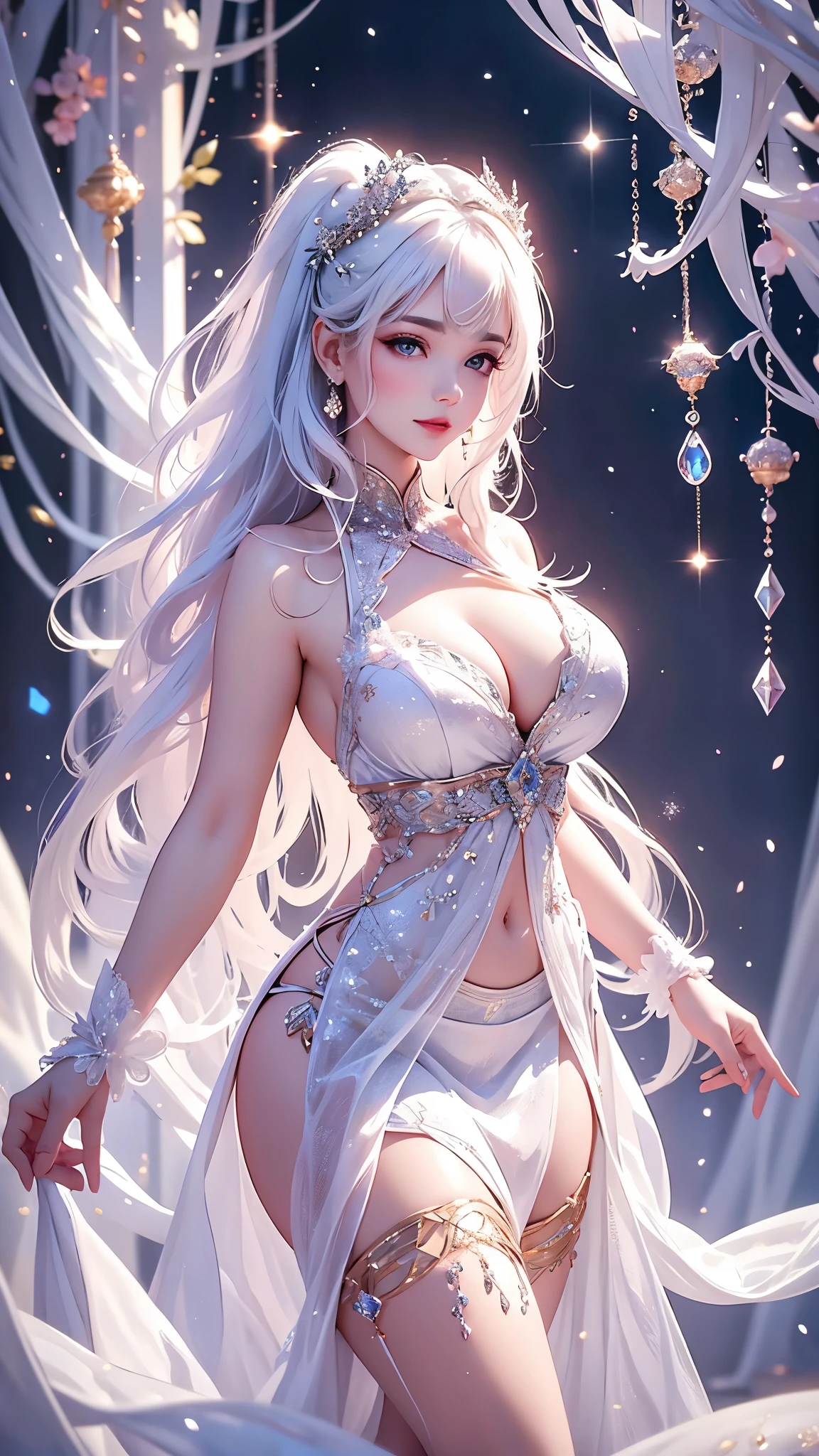 beautiful_detailed_eyes,perfect face,a girl,sideways,huge breasts,narrow_waist,sexually seductive,goddess,gorgeous and sexy costumes,photography,crystal and diamond decoration,china_dress,black stockings,white rose background,white hair,fair_skin,bare shoulders,curvy,navel,hair_ornament,fantasy,magic glow,