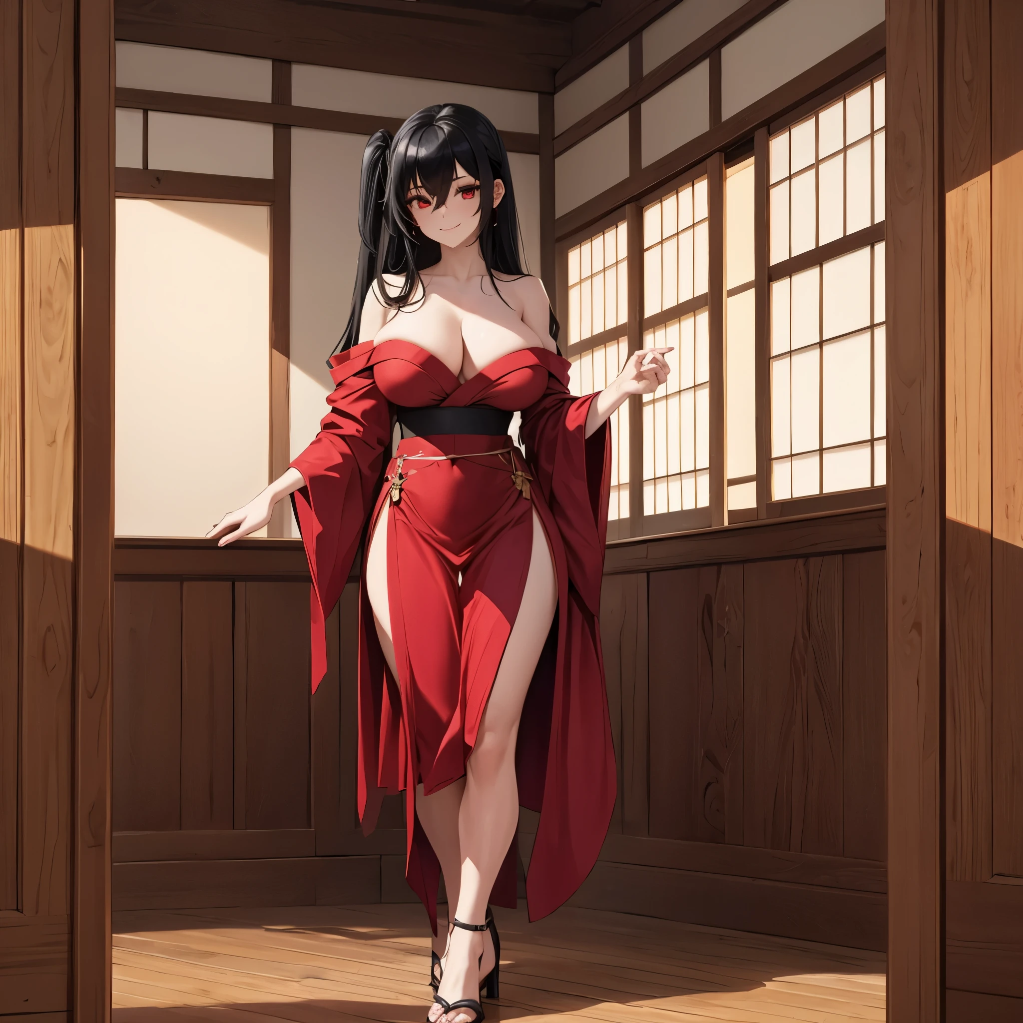 a woman wearing a red off-shoulder dress, long black hair, ahoge hair, a golden olive leaf in her hair, red eyes, red heels, big breasts, smiling, standing in a luxurious room, with large glass windows, and a wooden floor. Luxurious wood, frame with Japanese arts on the wall, HDR , ultra resolution, sharp, masterpiece, 8K HD (solo woman)

