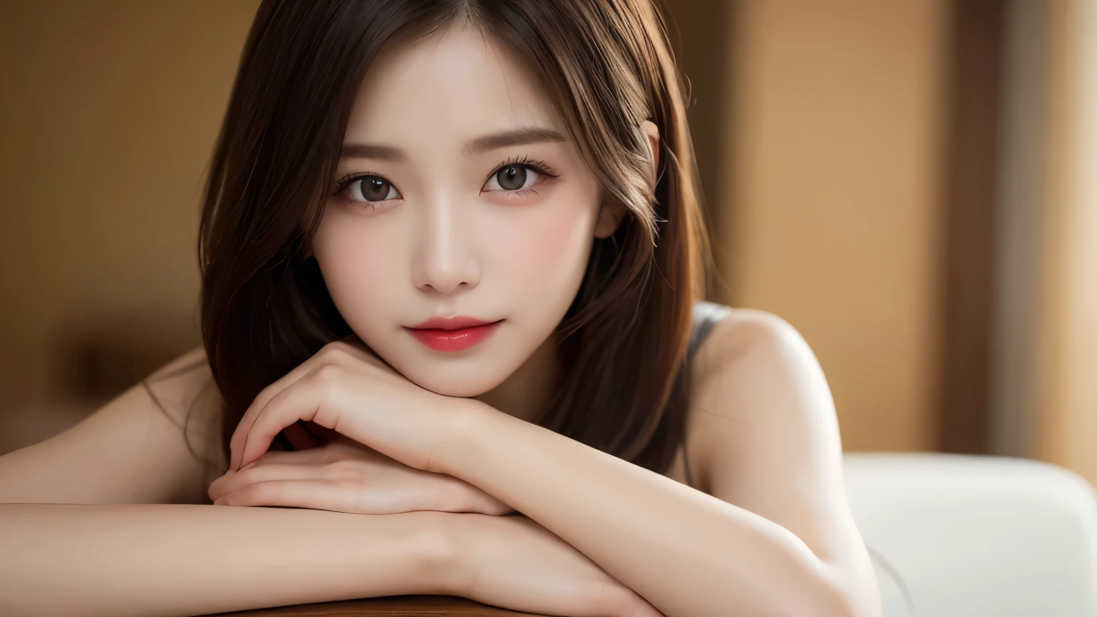 on the table, best quality, shape, Super detailed, Finely, high resolution, 8k wallpaper, 完璧なダイナミックな構shape, Beautiful and delicate eyes, Medium Length Hair, Small Breasts, Natural lipstick, Casual sexy pose,Smile,20 year old girl、midnight、Beautiful and detailed face、Perfect beautiful face,big eyes、original photo、Use the whole body to express female posture、Beautiful and delicate eyes、Small face、Beautiful duplex、Facelift and style,skirt、Beautiful golden ratio face,Long hair
