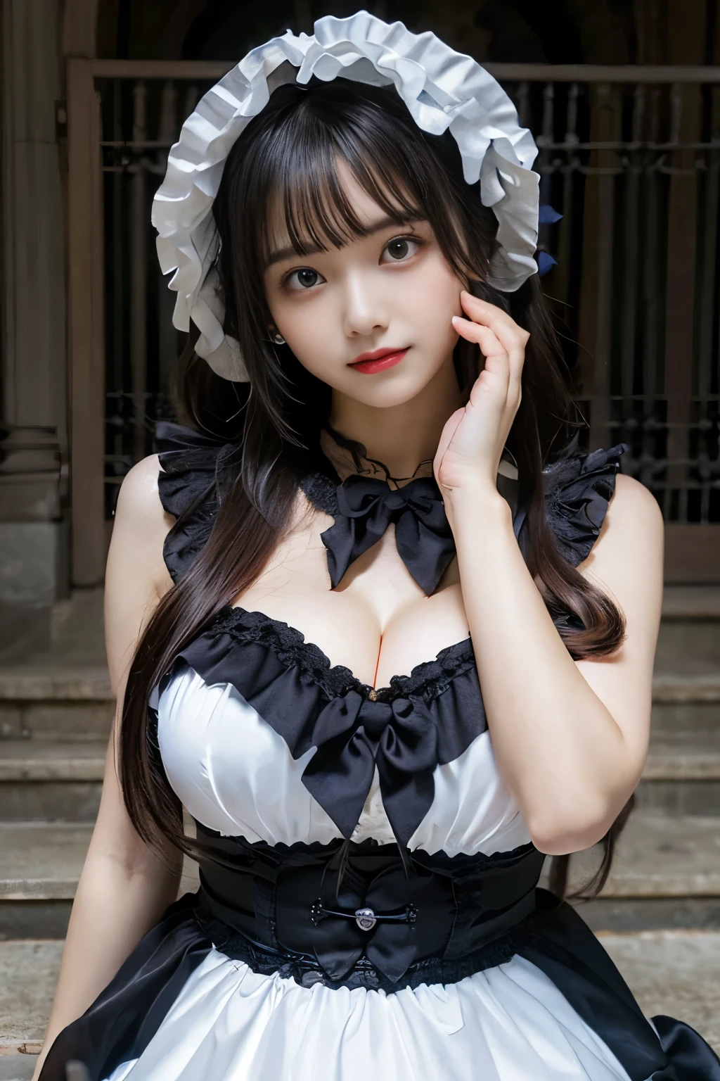 masterpiece, Best Quality, Illustration, Ultra-detailed, finely detail, hight resolution, 8K Wallpaper, Perfect dynamic composition, Beautiful detailed eyes, gothic ta, frilled skirt, (Black hair 1.2), (gigantic breasts:1.4), cleavage, Cool pose, sneering, mansion, a 18 year old girl, Cool, (kawaii:1.3), (Beautie:1.5), Sexy shot looking at camera, sidelong glance, glares, sullenness, Downer, a cool, boyish, looks sleepy, smile, portrait, gothic make, 