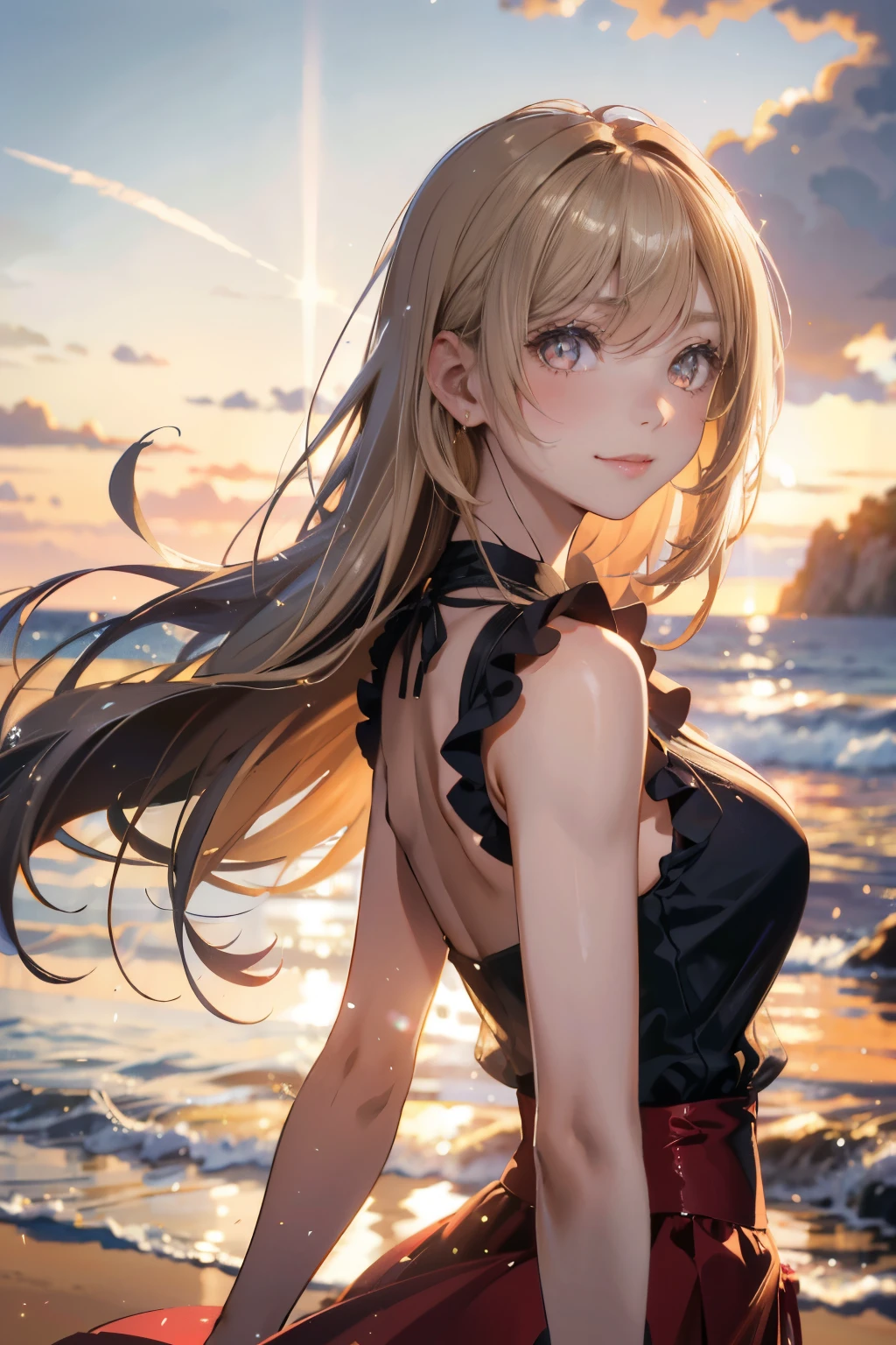 1 girl, blonde hair, gray hair, long hair, bangs, sparkling eyes, long eyelashes, pupils shine, compensate, smile, Depth of bounds written, from below, silhouette, from behind, wide shot, f/1.4, 135mm, canon, nffsw, retina, Accurate, anatomically correct, rough skin, Super detailed, advanced details, high quality, 最high quality, High resolution, 8K, (Woman walking on the beach at sunset), Backlit silhouette, (see-through red dress), ((A silhouette of the body is visible through the light.)), (hair blowing in the wind), (Skirt soars in the wind)