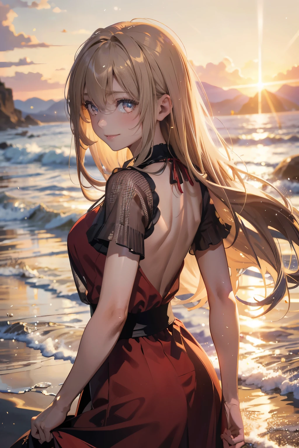 1 girl, blonde hair, gray hair, long hair, bangs, sparkling eyes, long eyelashes, pupils shine, compensate, smile, Depth of bounds written, from below, silhouette, from behind, wide shot, f/1.4, 135mm, canon, nffsw, retina, Accurate, anatomically correct, rough skin, Super detailed, advanced details, high quality, 最high quality, High resolution, 8K, (Woman walking on the beach at sunset), Backlit silhouette, (see-through red dress), ((A silhouette of the body is visible through the light.)), (hair blowing in the wind), (Skirt soars in the wind)