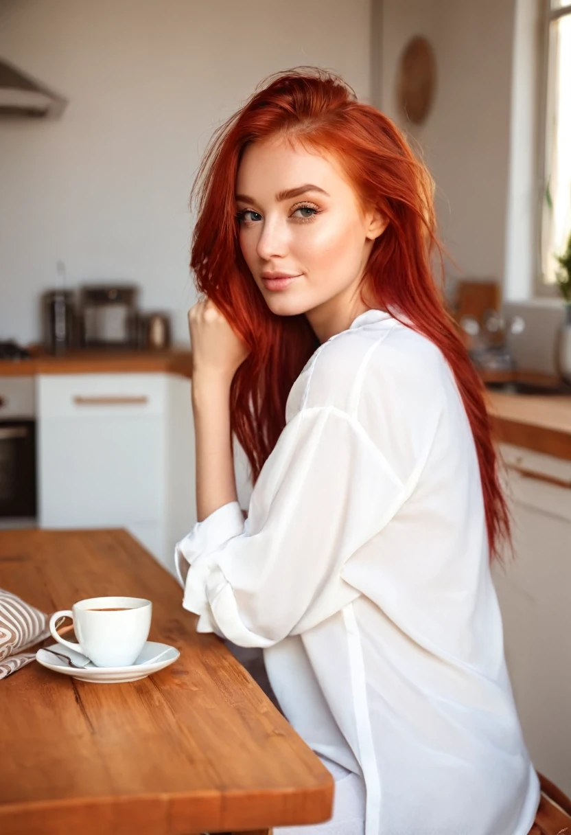 Beautiful girl, red hair, morning, warm light, background kitchen, drink coffee, long shirt, dreamer look, realistic, sit on a table