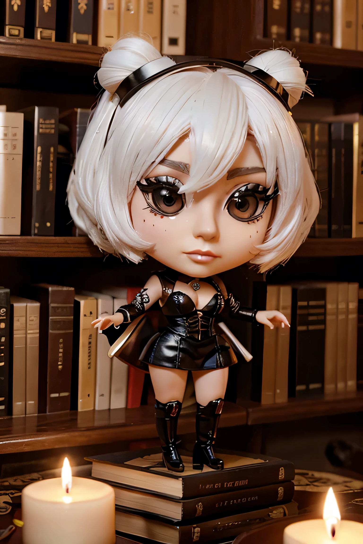 A chibi toy of lady gaga on a bookshelf, surrounded by lit candles