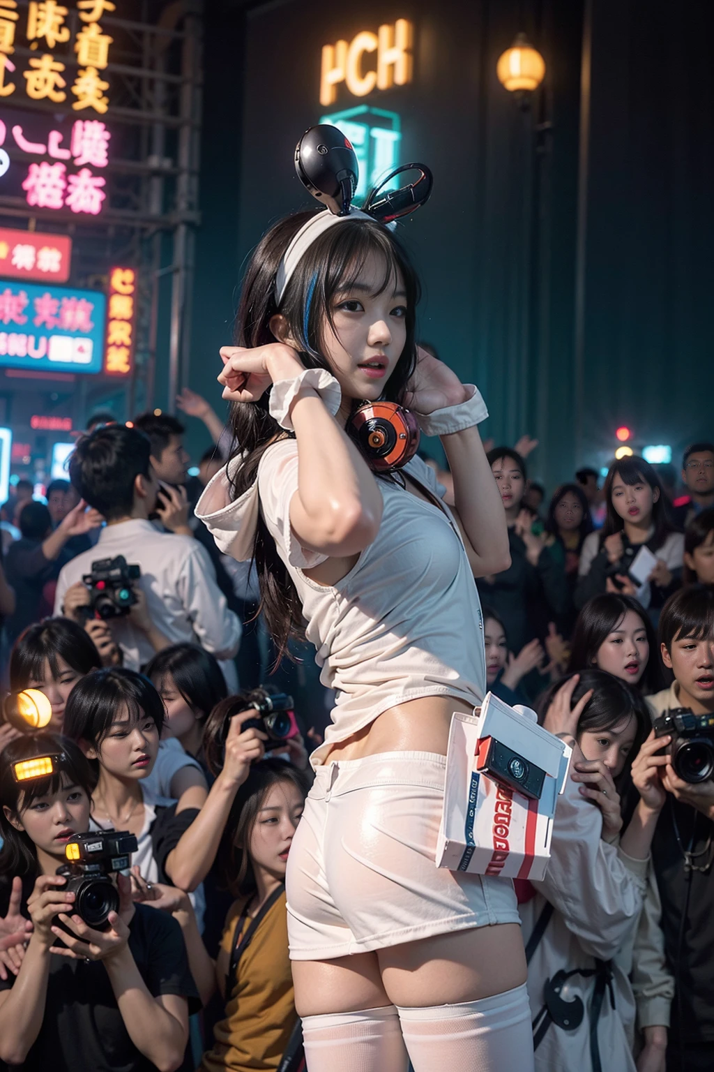 ((カラフルな原宿Windのポップな衣装を着たサイバーパンクガール2人)), ((Fisheye Lens)), Cleavage, Wind, Rainbow Hair, Cyberpunk Cityscape, (Aesthetics and atmosphere:1.2), smile, ((Cinema Lighting))、blush、Ahegao、Wet and shiny white skin、slender、Model Body Type、Buckshot、Butt、