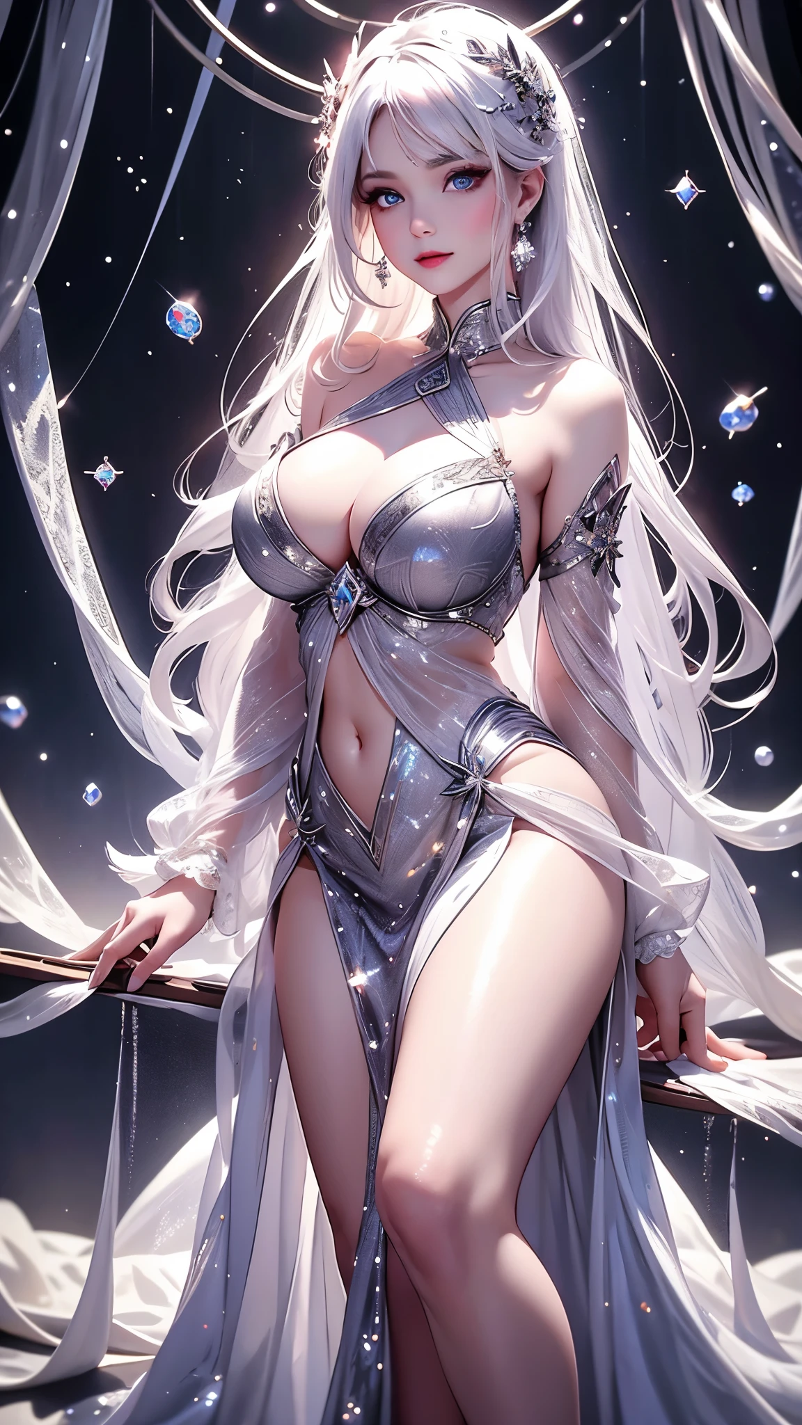 beautiful_detailed_eyes,perfect face,a girl,sideways,huge breasts,narrow_waist,sexually seductive,goddess,gorgeous and sexy costumes,photography,crystal and diamond decoration,china_dress,black stockings,white rose background,white hair,fair_skin,bare shoulders,curvy,navel,hair_ornament,fantasy,magic glow,