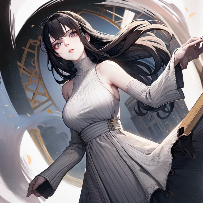 A beautiful woman, with big eyes and pale skin, is engrossed in playing the drums while wearing a long white turtleneck dress. The intricately designed wolf cut framing her face adds to her allure, with black hair cascading down her shoulders.