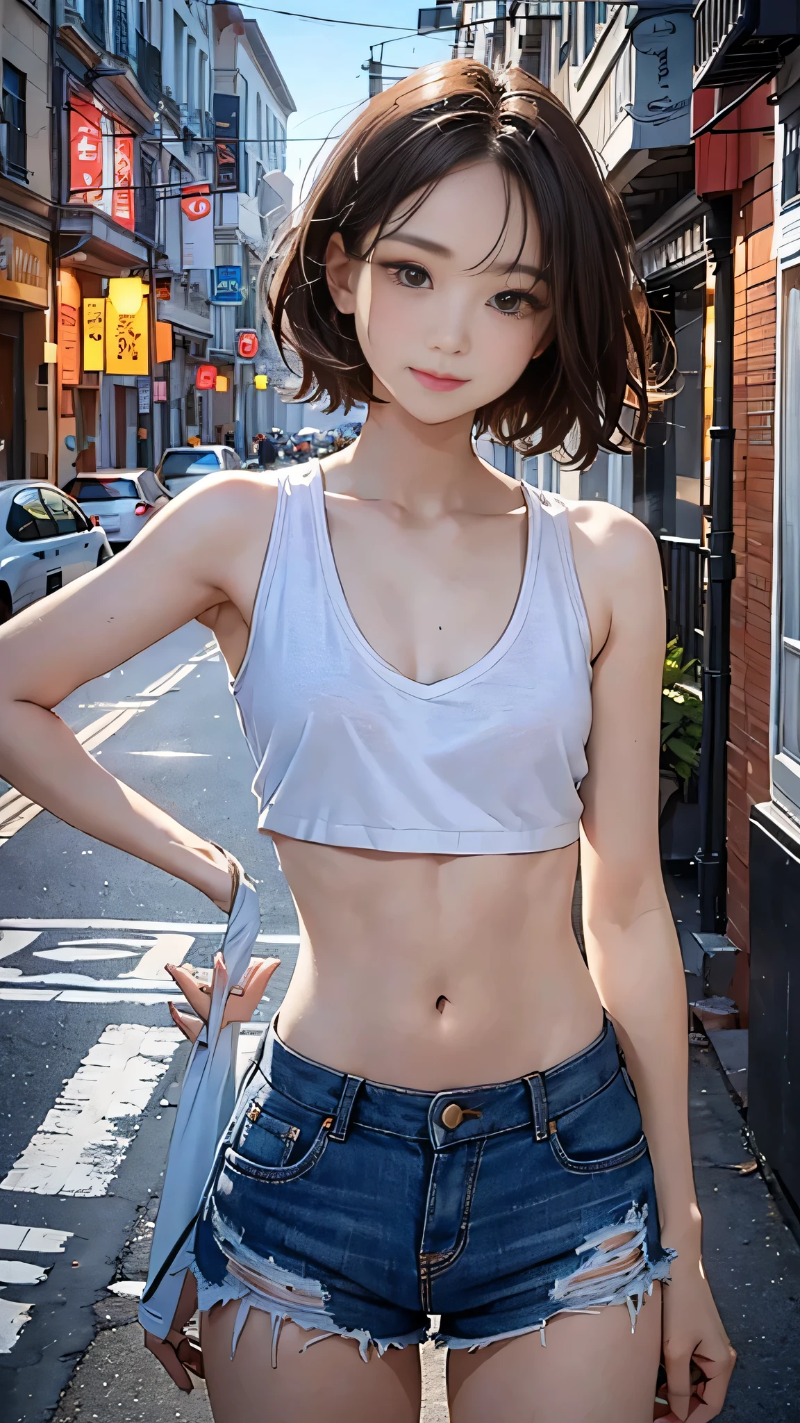 ((Center of chest, Tomboy, Small Head)), Dawn, sunlight, (Defined Abs: 1.1), (Perfect body: 1.1), (Short Wavy Hair: 1.2), Auburn Hair, Full body photo, Crowded street, Wearing a white vest, ((Shorts)), (Very detailed CG 8k wallpaper), (Very delicate and beautiful), (masterpiece), (highest quality: 1.0), (ultra-High resolution: 1.0), Beautiful lighting, Perfect Lightning, Realistic Shadows, [High resolution], Delicate skin, Very detailed, Cute Smile