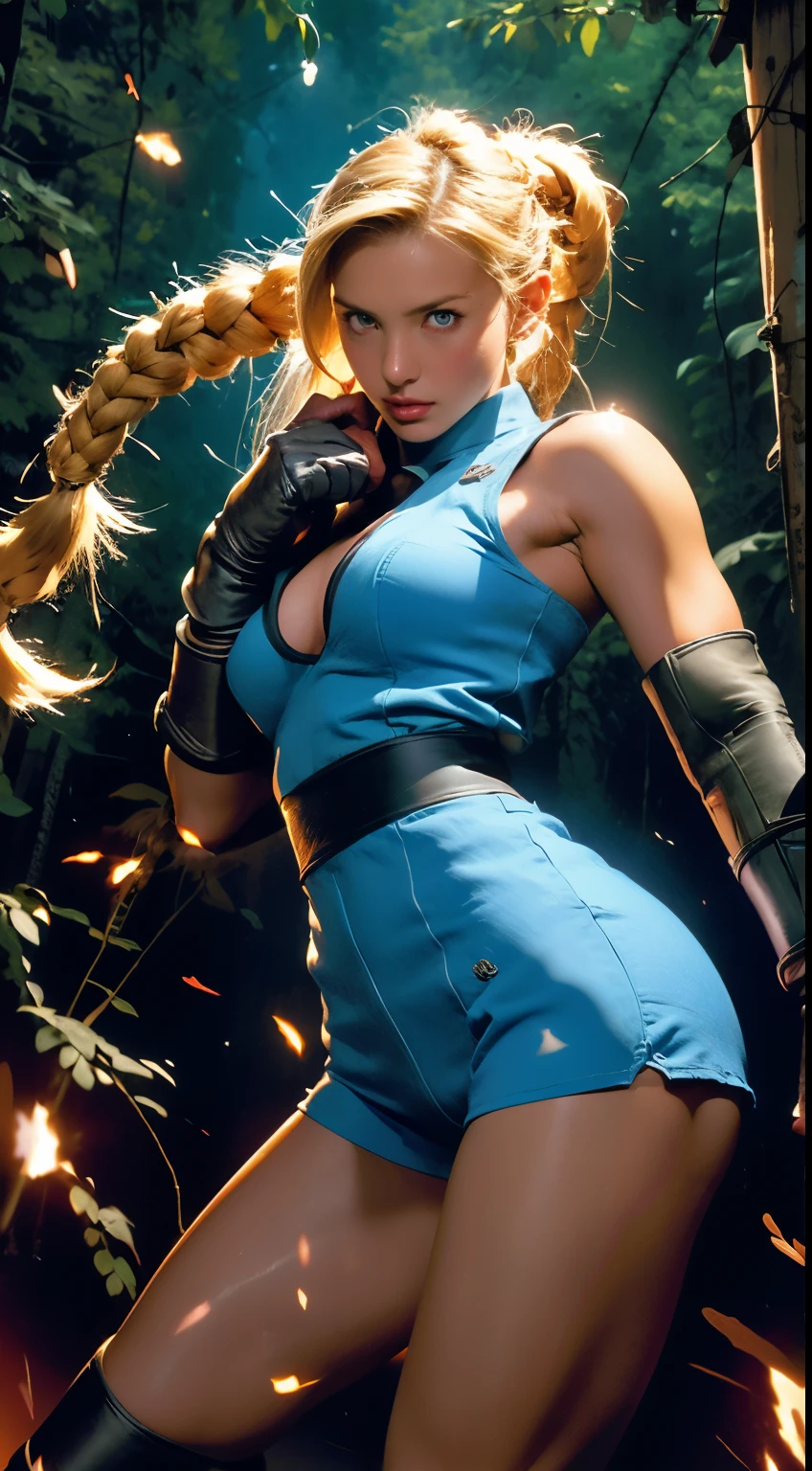 ((Best quality)), ((Masterpiece)), ((Realistic)) and ultra-detailed photography of a Cammy, (realistic:1.2), (realism), (masterpiece:1.2), (best quality), (ultra detailed),(8k, 4k, intricate),light particles, lighting, (highly detailed:1.2), (sexy lingerie), (huge breasts:1.5), pinkhigh tights, blonde hair