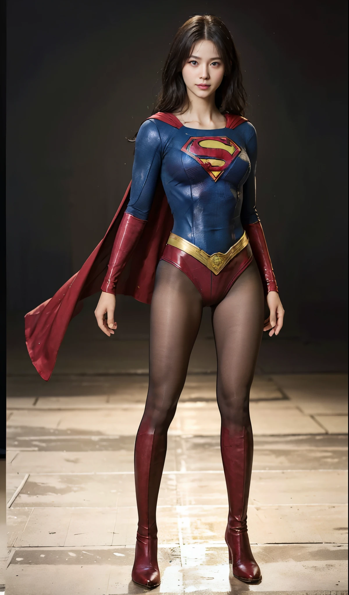 No background、(((Beautiful legs in black tights.)))、(((Legally express the beauty of your smile)))、((((Make the most of your original images)))、(((Supergirl Costume)))、(((Beautiful Hair)))、(((suffering)))、(((Please wear black tights....、Wear red boots)))、((Best image quality、8K))、((highest quality、8K、masterpiece:1.3))、(((Preserve background )))、Sharp focus:1.2、Beautiful woman with perfect figure:1.4、Thin abdominal muscles:1.2、Wet body:1.5、Highly detailed face and skin texture、8K