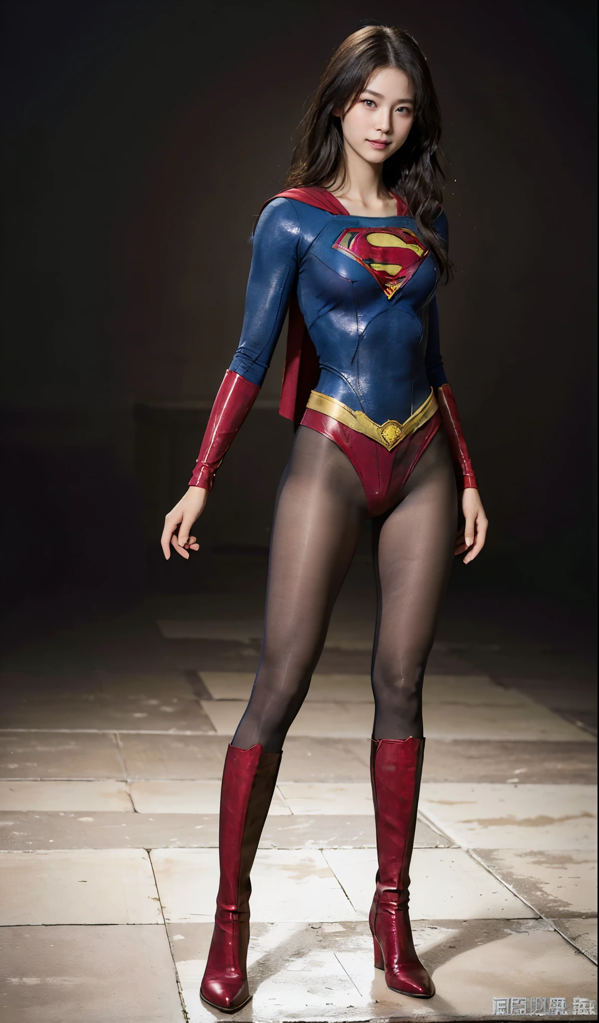 No background、(((Beautiful legs in black tights.)))、(((Legally express the beauty of your smile)))、((((Make the most of your original images)))、(((Supergirl Costume)))、(((Beautiful Hair)))、(((suffering)))、(((Please wear black tights....、Wear red boots)))、((Best image quality、8K))、((highest quality、8K、masterpiece:1.3))、(((Preserve background )))、Sharp focus:1.2、Beautiful woman with perfect figure:1.4、Thin abdominal muscles:1.2、Wet body:1.5、Highly detailed face and skin texture、8K