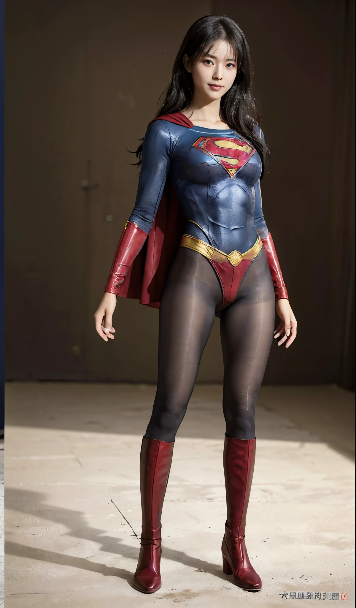 No background、(((Beautiful legs in black tights.)))、(((Legally express the beauty of your smile)))、((((Make the most of your original images)))、(((Supergirl Costume)))、(((Beautiful Hair)))、(((suffering)))、(((Please wear black tights....、Wear red boots)))、((Best image quality、8K))、((highest quality、8K、masterpiece:1.3))、(((Preserve background )))、Sharp focus:1.2、Beautiful woman with perfect figure:1.4、Thin abdominal muscles:1.2、Wet body:1.5、Highly detailed face and skin texture、8K