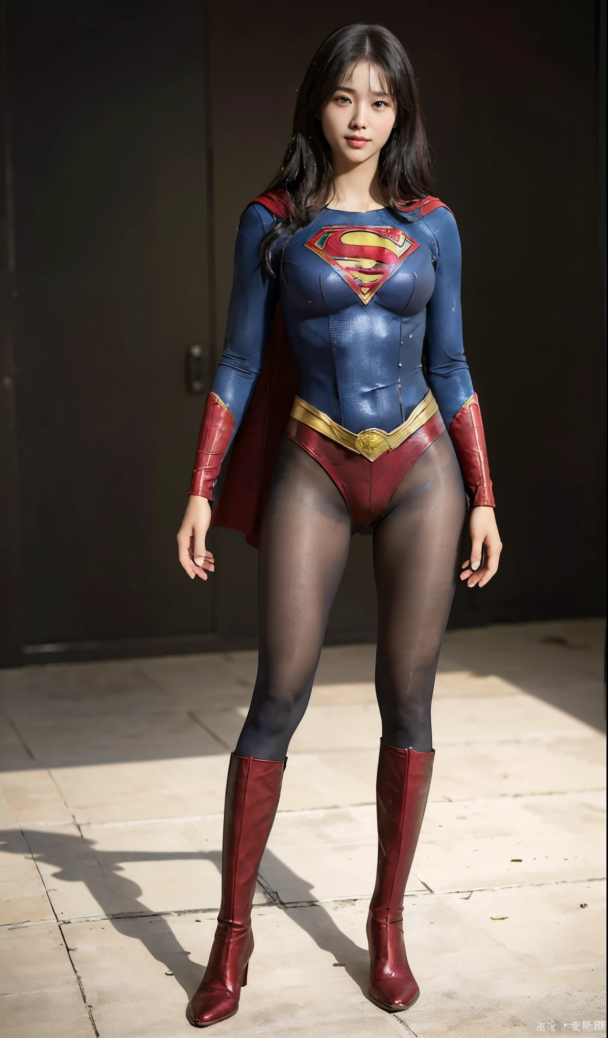 No background、(((Beautiful legs in black tights.)))、(((Legally express the beauty of your smile)))、((((Make the most of your original images)))、(((Supergirl Costume)))、(((Beautiful Hair)))、(((suffering)))、(((Please wear black tights....、Wear red boots)))、((Best image quality、8K))、((highest quality、8K、masterpiece:1.3))、(((Preserve background )))、Sharp focus:1.2、Beautiful woman with perfect figure:1.4、Thin abdominal muscles:1.2、Wet body:1.5、Highly detailed face and skin texture、8K